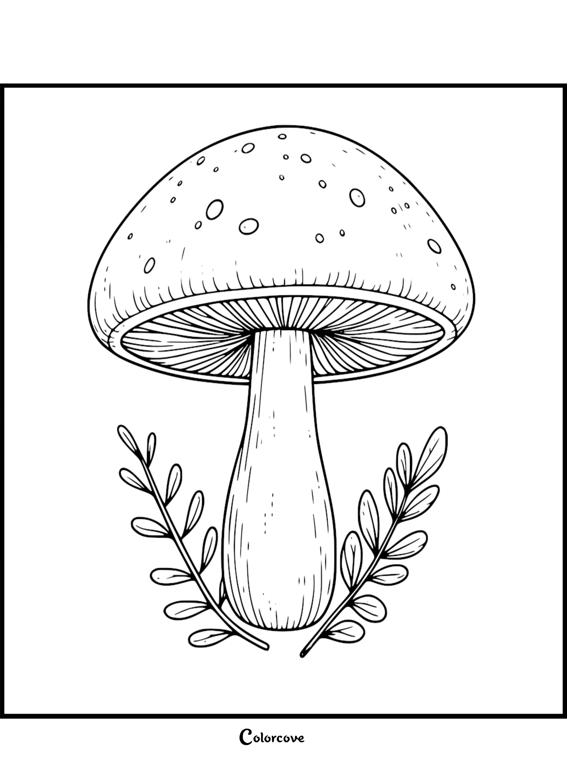 Detailed mushroom coloring page with leafy branches, perfect for both kids and adults to enjoy coloring.