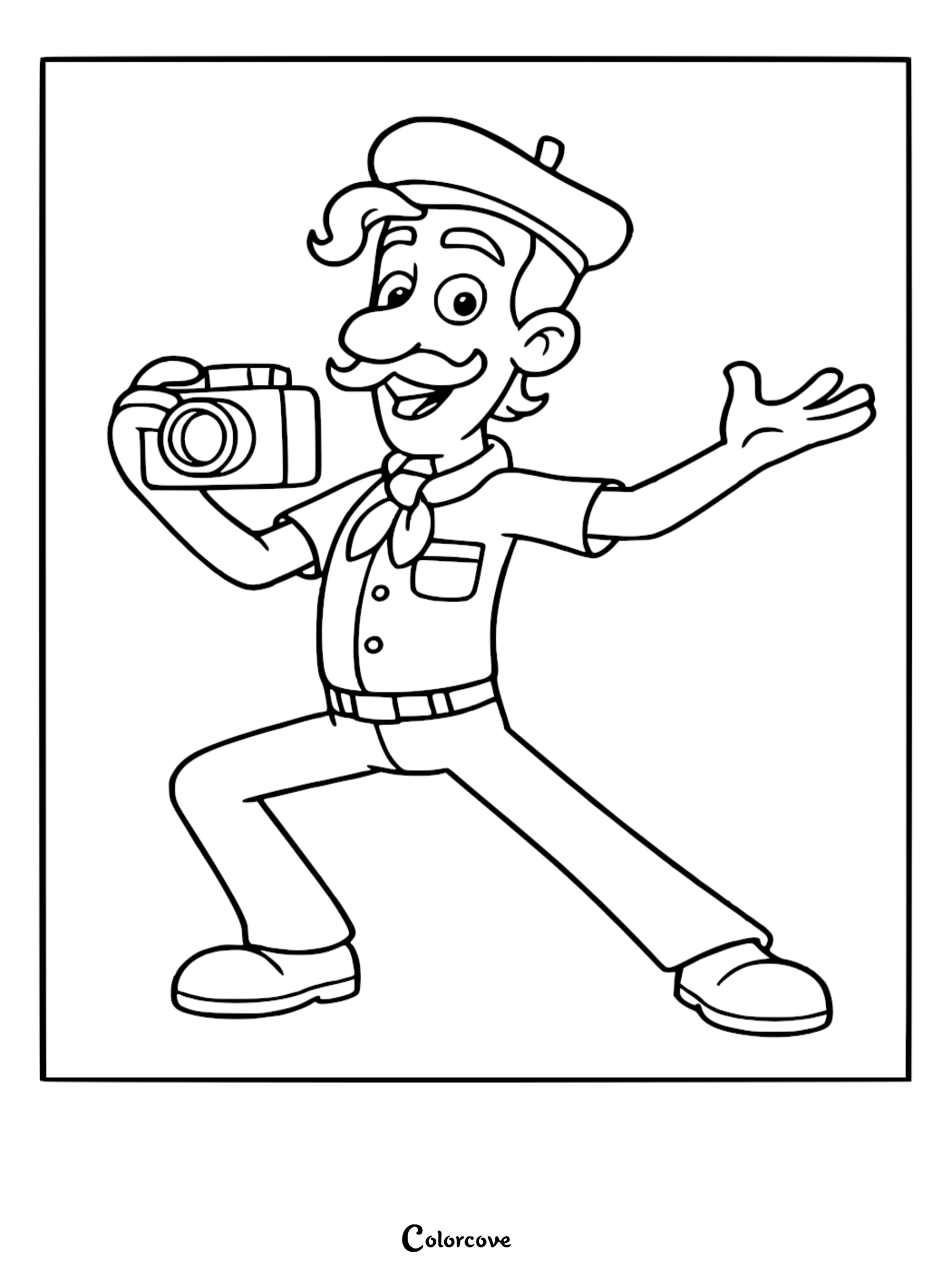 Detailed line art coloring page of Francois Turbot from Paw Patrol holding a camera and wearing a beret.