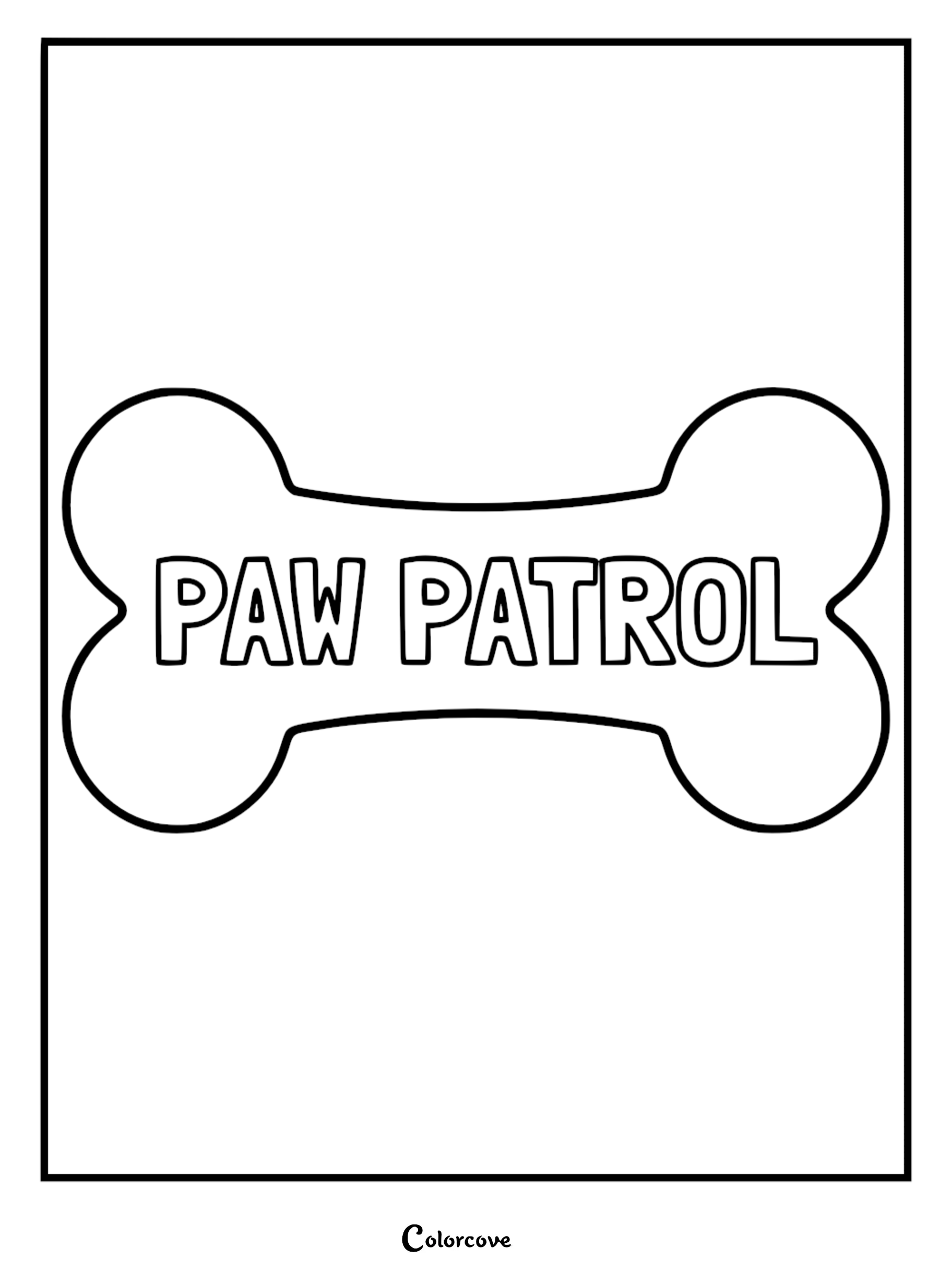 Black and white line art coloring page of a classic dog bone silhouette with the words PAW PATROL in block letters centered inside.