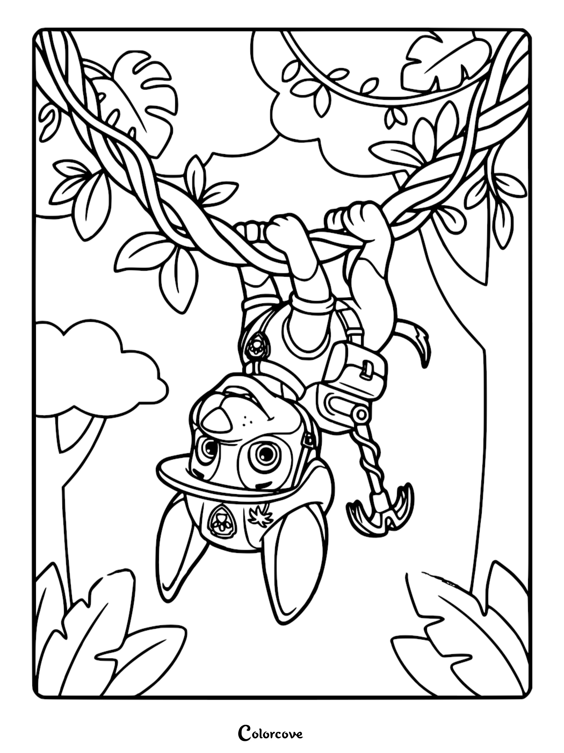 Paw Patrol coloring page featuring Tracker hanging upside down from a thick jungle vine surrounded by tropical leaves and trees.