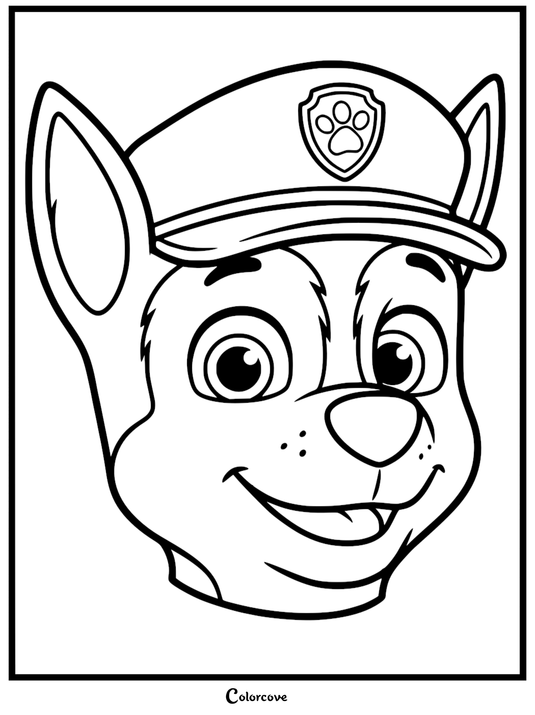 A detailed line art coloring page of Chase from Paw Patrol, featuring a close-up of his smiling face wearing his signature police hat with a paw print badge.