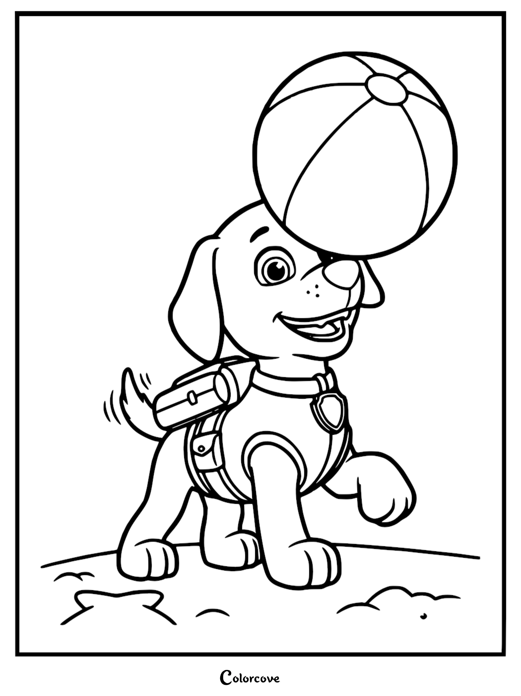 A detailed line art coloring page of Zuma from Paw Patrol balancing a large striped beach ball on his nose while wearing his pup pack.