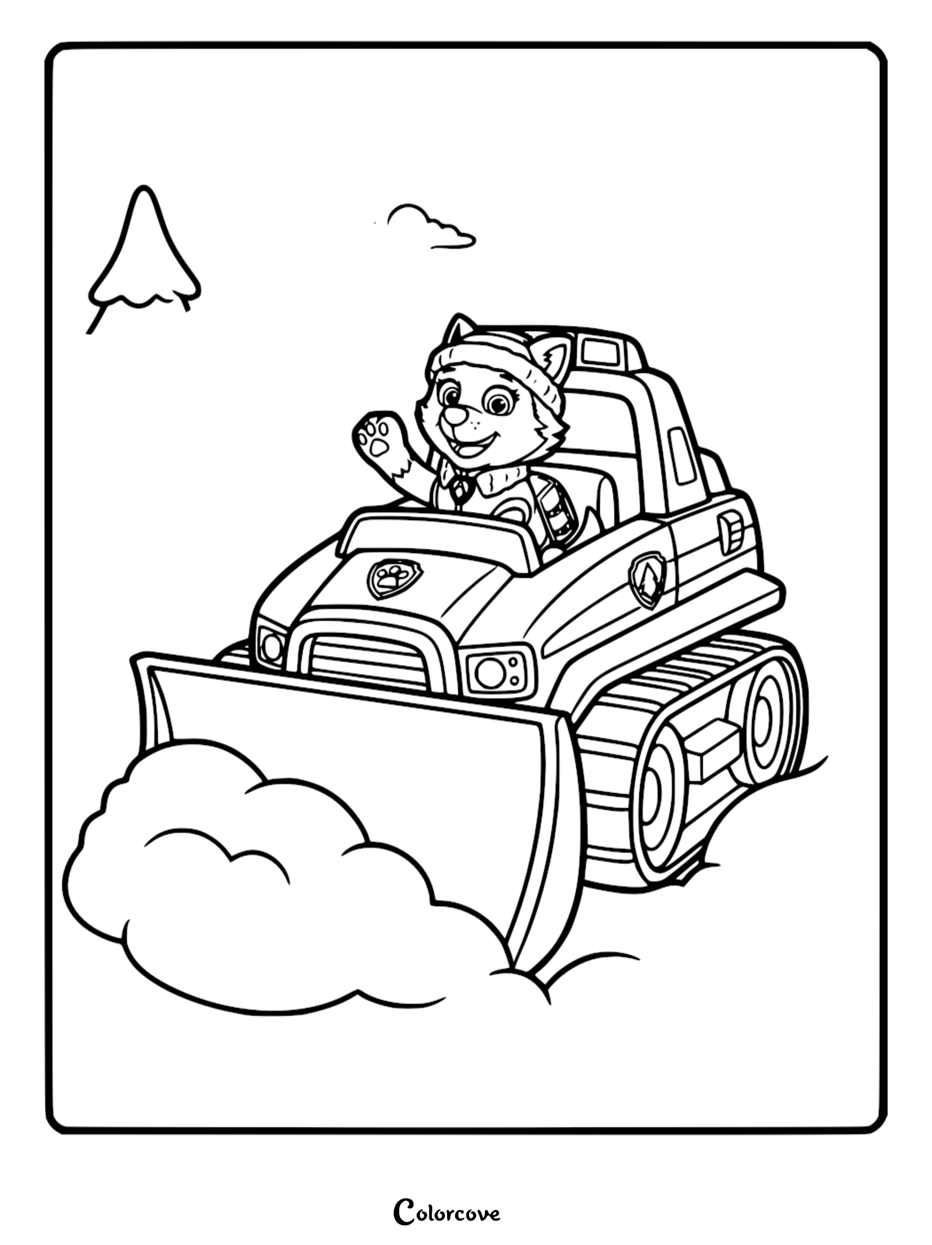 Everest from Paw Patrol driving her snowcat vehicle through deep snow, waving her paw, line art coloring page.