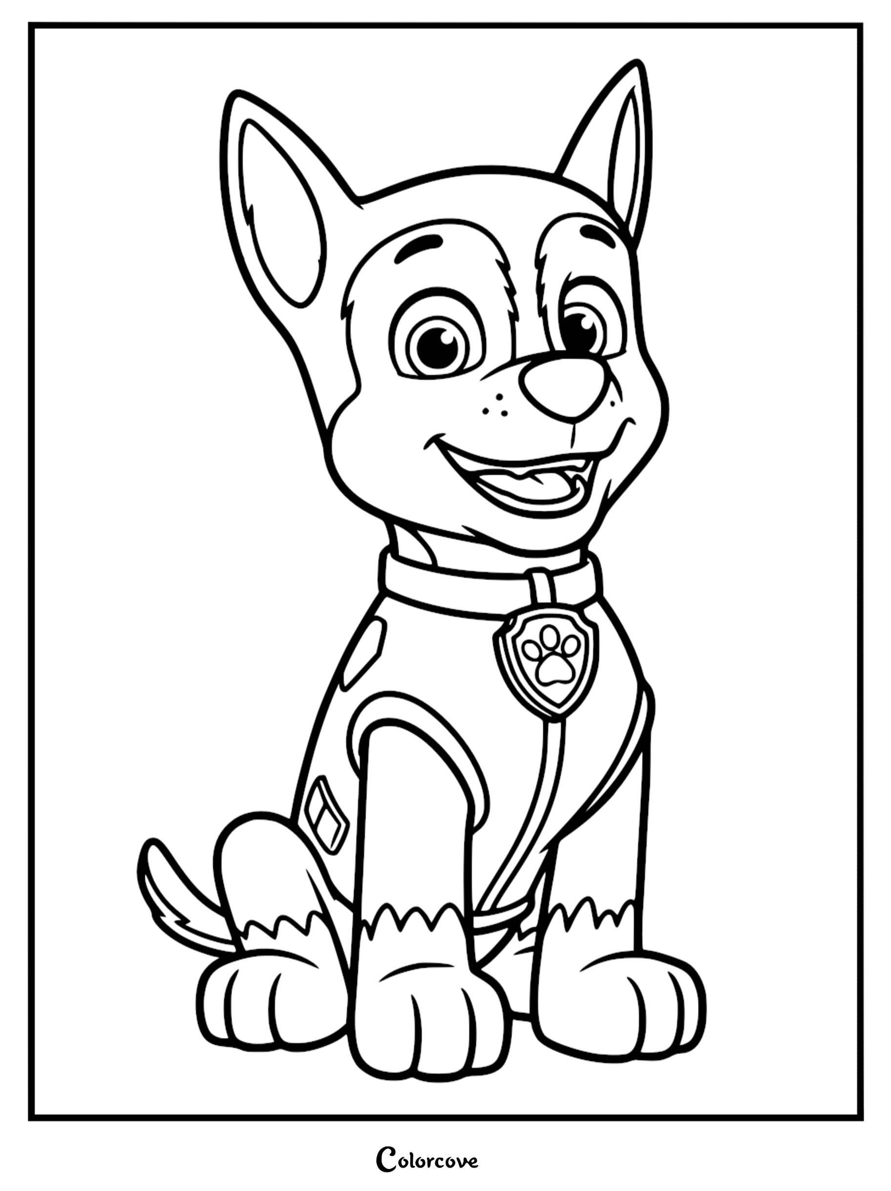 Black and white line art coloring page of Chase from Paw Patrol sitting upright and smiling, wearing his police vest and badge.