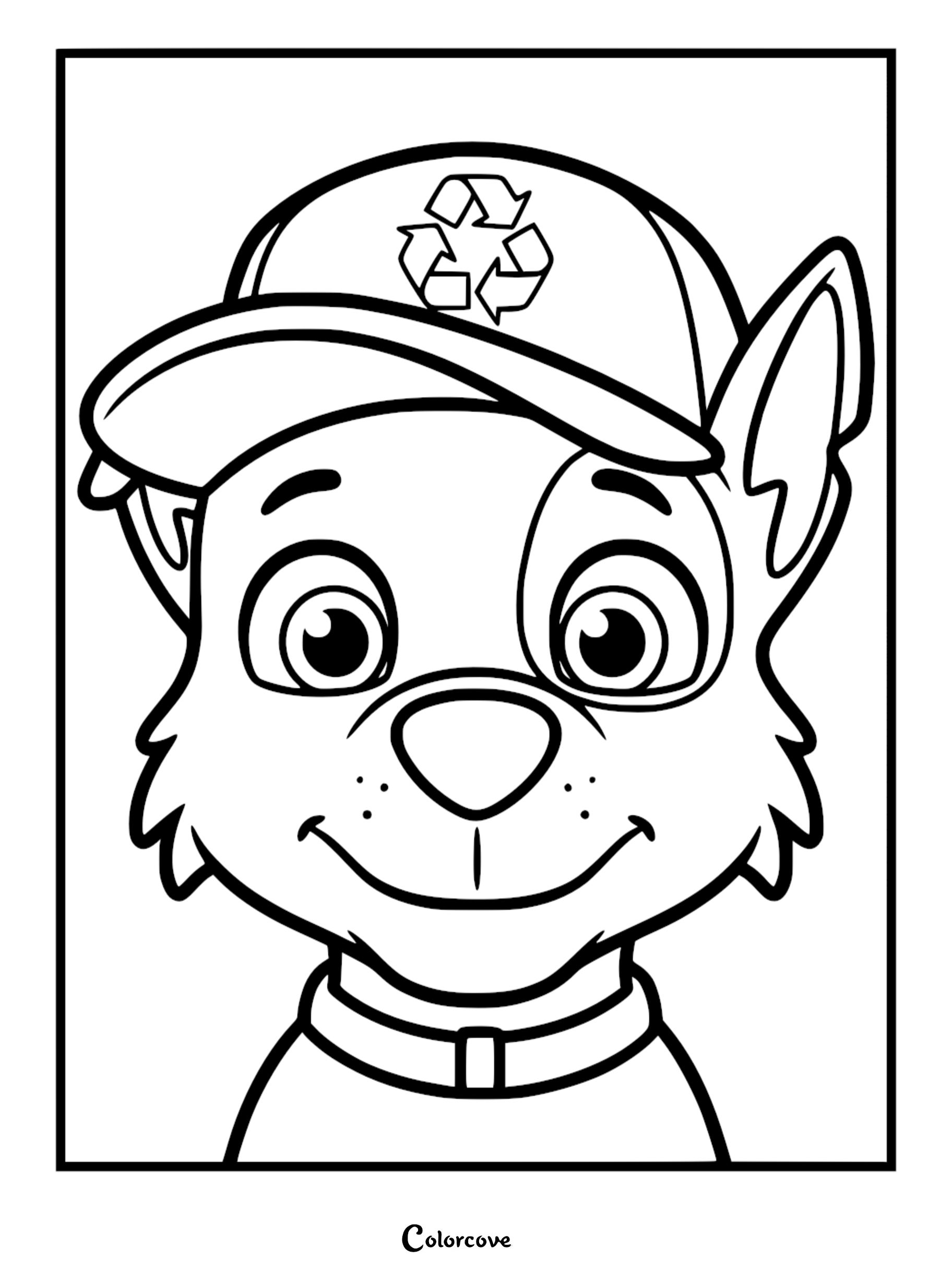 A black and white line art coloring page of Rocky from Paw Patrol wearing his signature recycling hat and a collar, featuring a close-up of his smiling face and large expressive eyes.