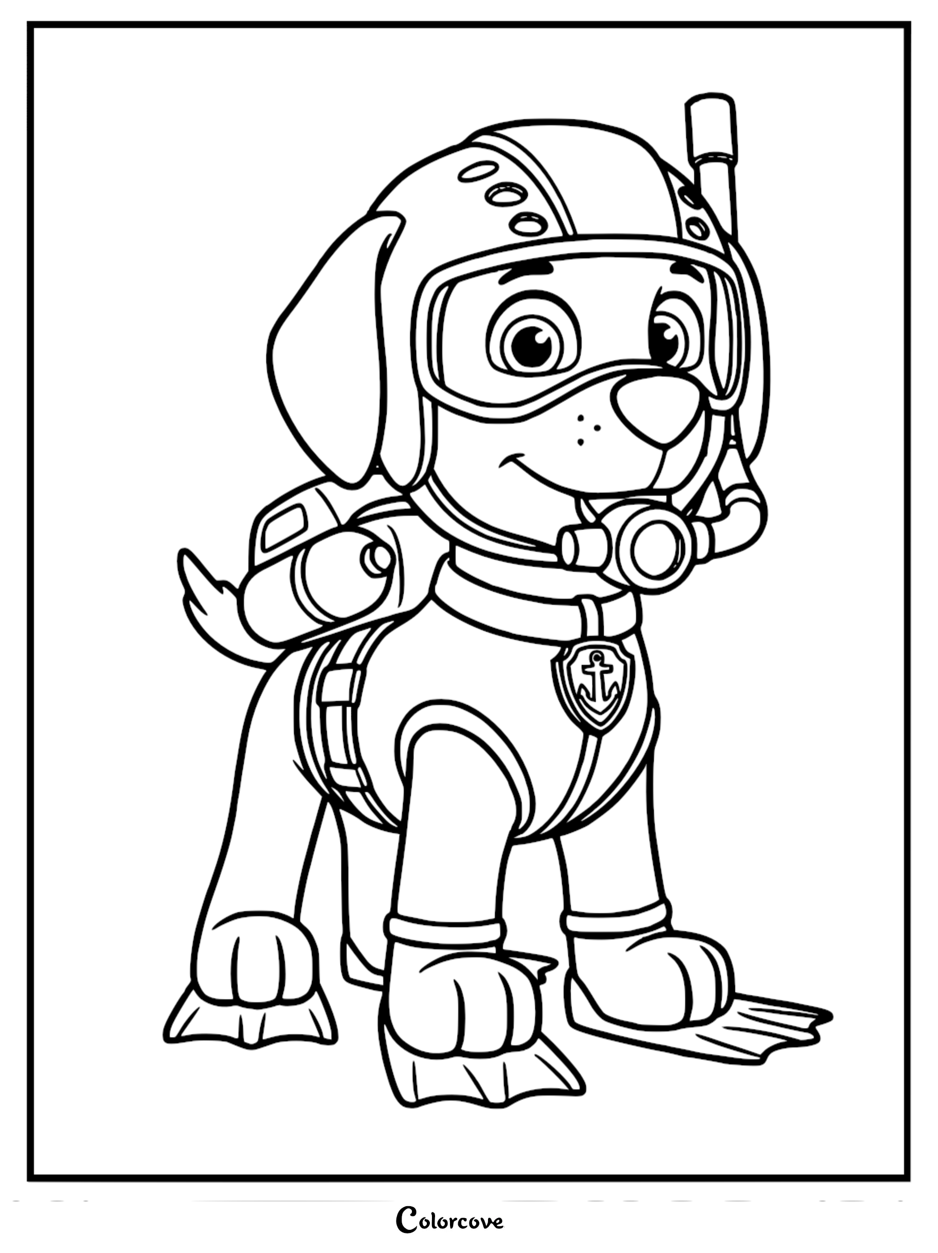 Detailed line art coloring page of Zuma from Paw Patrol wearing a scuba diving helmet, goggles, snorkel, and flippers.