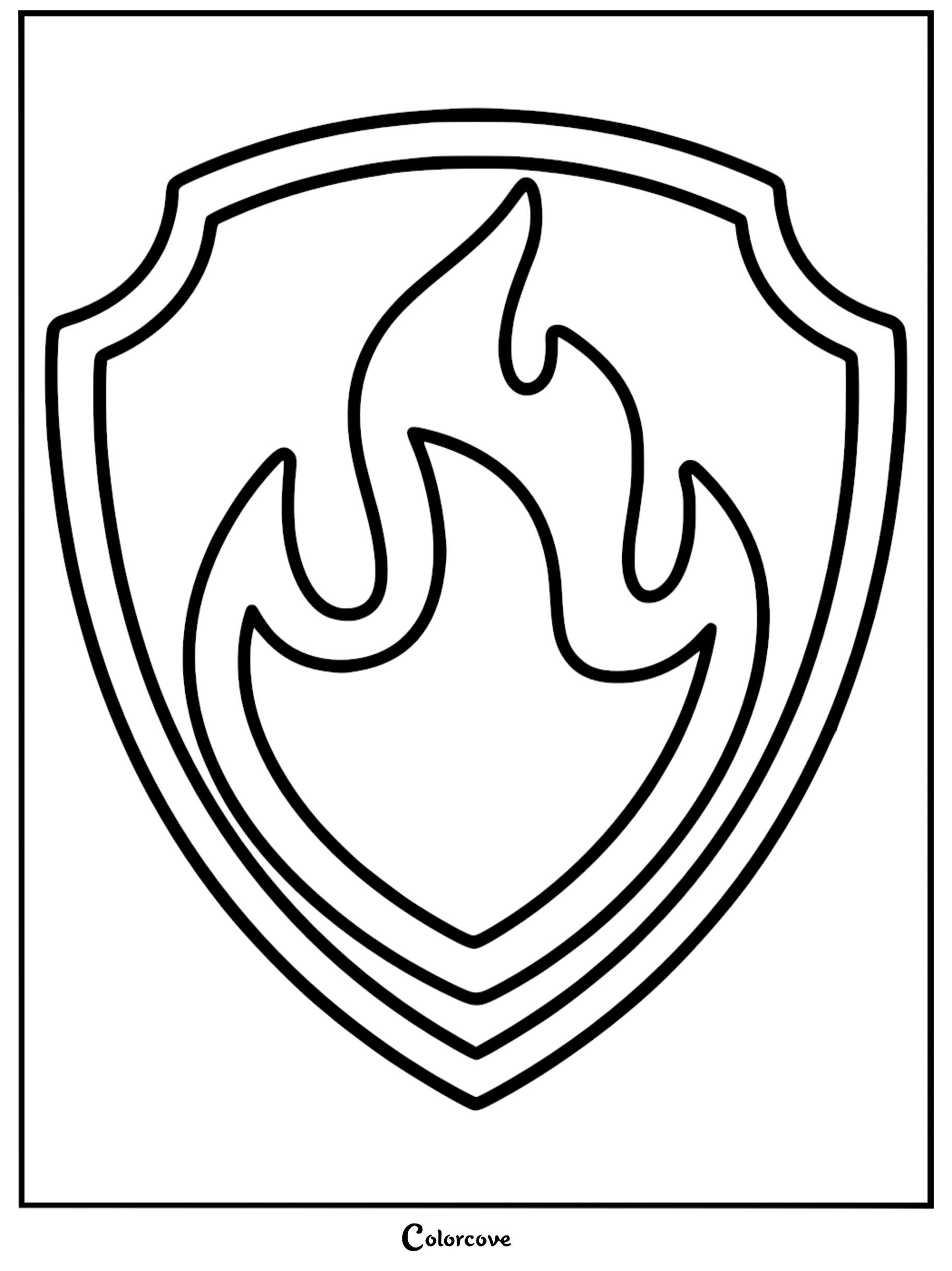 A simple black and white line art coloring page of Marshall's fire pup shield badge from Paw Patrol featuring a large flame symbol.