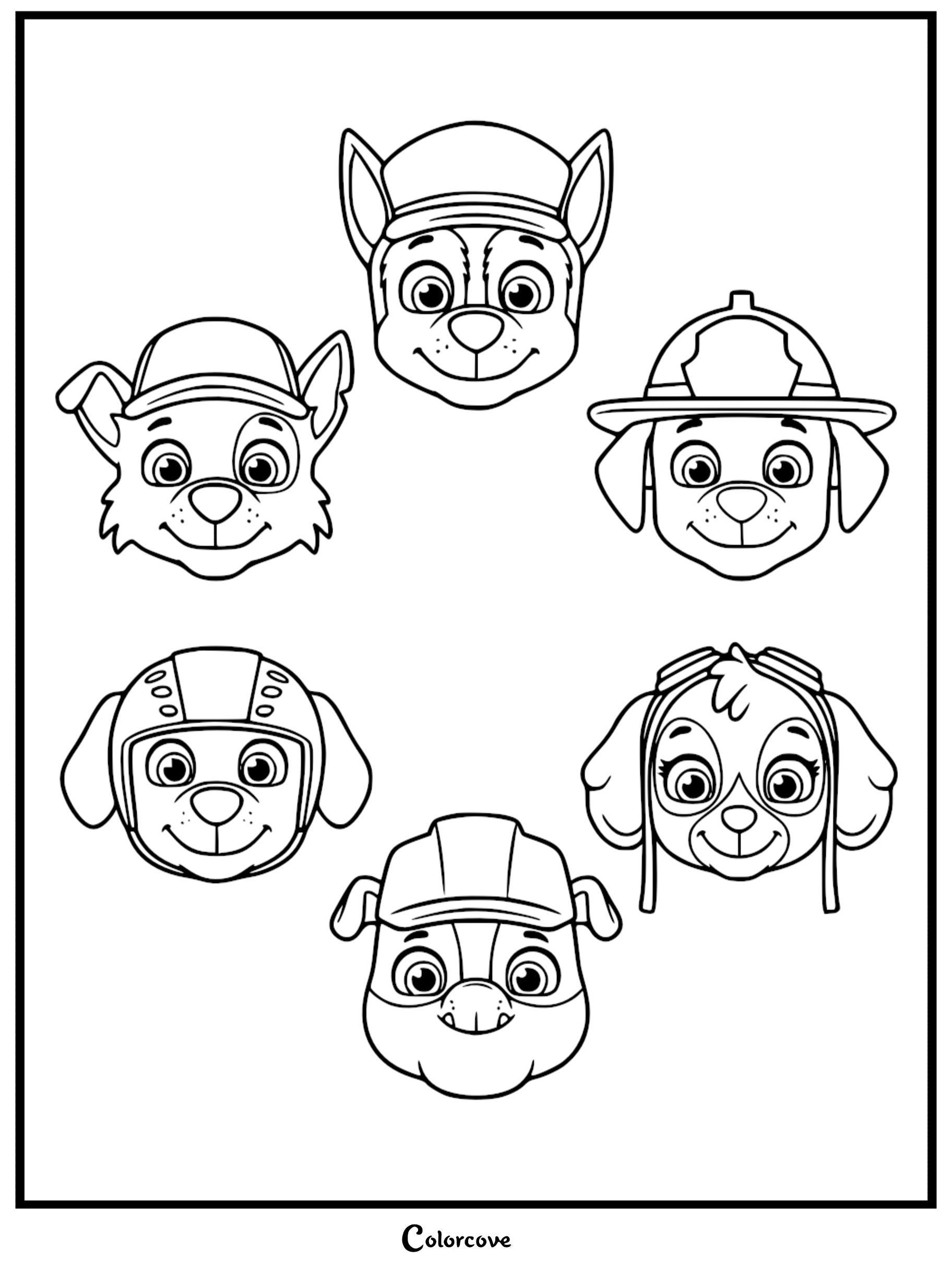 Black and white coloring page showing the heads of Chase, Marshall, Skye, Rubble, Rocky, and Zuma with their iconic headgear.