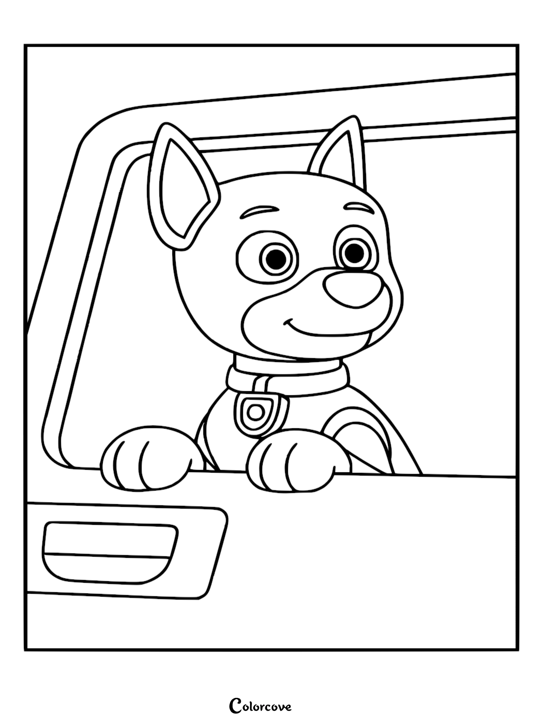 Chase from Paw Patrol looking out of a vehicle window with his paws on the door, a detailed line art coloring page for kids.