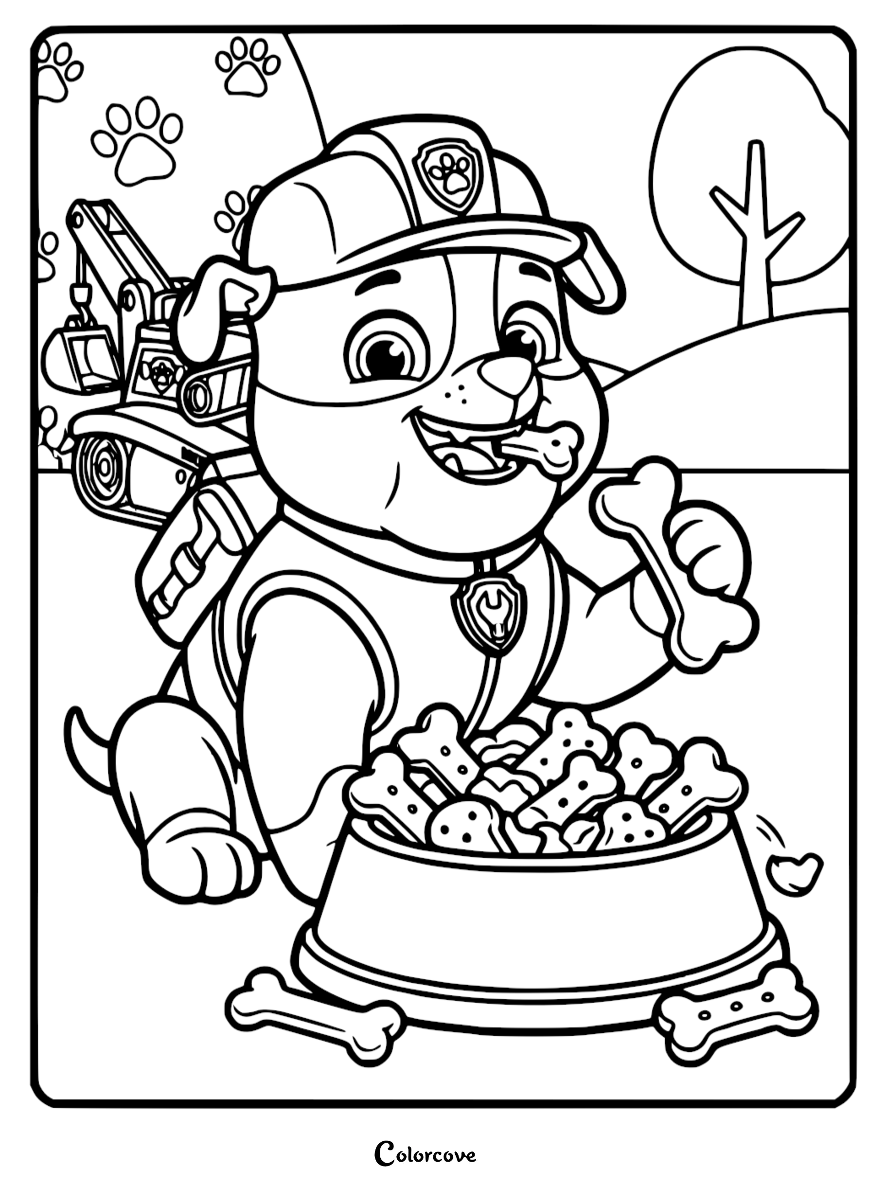 Detailed coloring page of Rubble from Paw Patrol wearing a construction hat and vest, eating bone-shaped treats from a bowl with his bulldozer in the background.