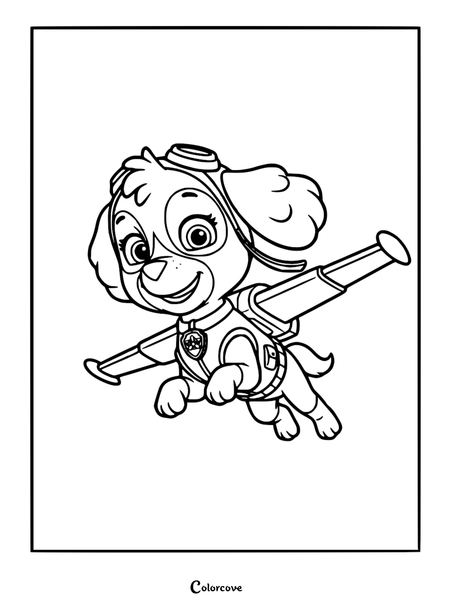 Black and white line art coloring page of Skye from Paw Patrol in mid-air with her jetpack wings deployed, wearing her signature pilot goggles and pup tag.
