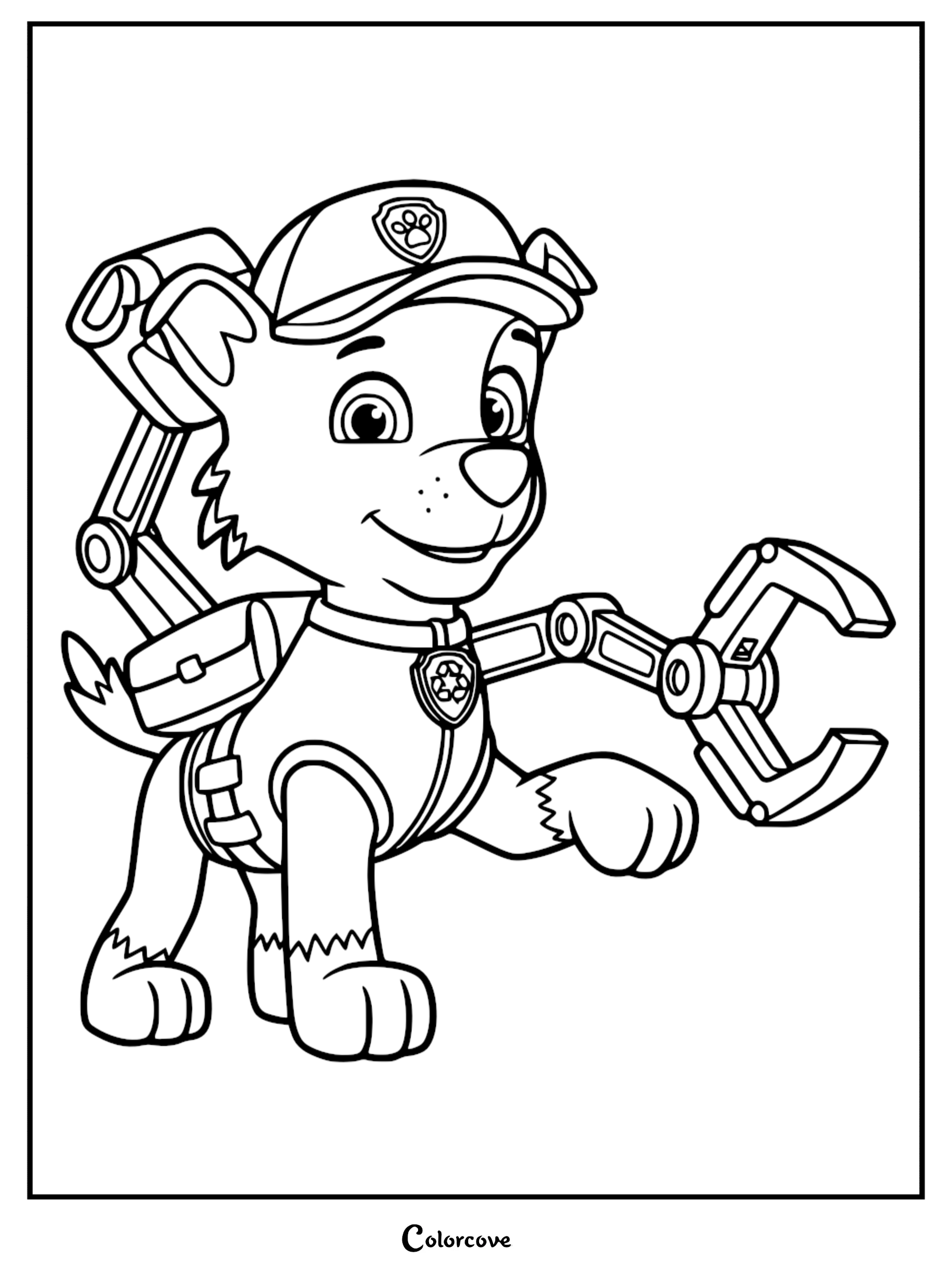 A detailed line art coloring page of Rocky from Paw Patrol wearing his recycling hat and vest, with a mechanical claw arm extended from his pup pack.