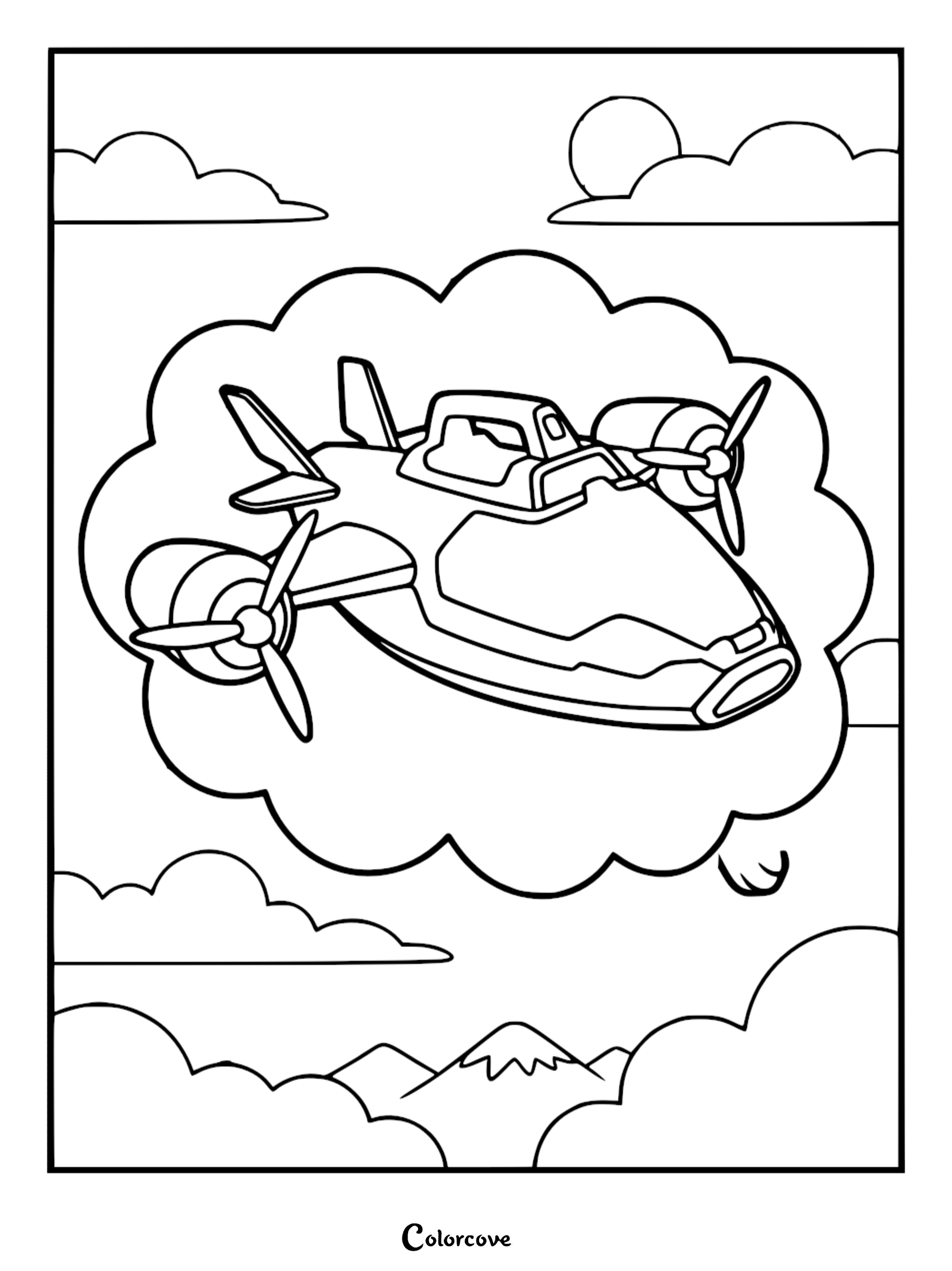 A detailed line art coloring page of the Paw Patrol Air Patroller plane with dual propellers flying through a large cloud above a mountain range and sun.