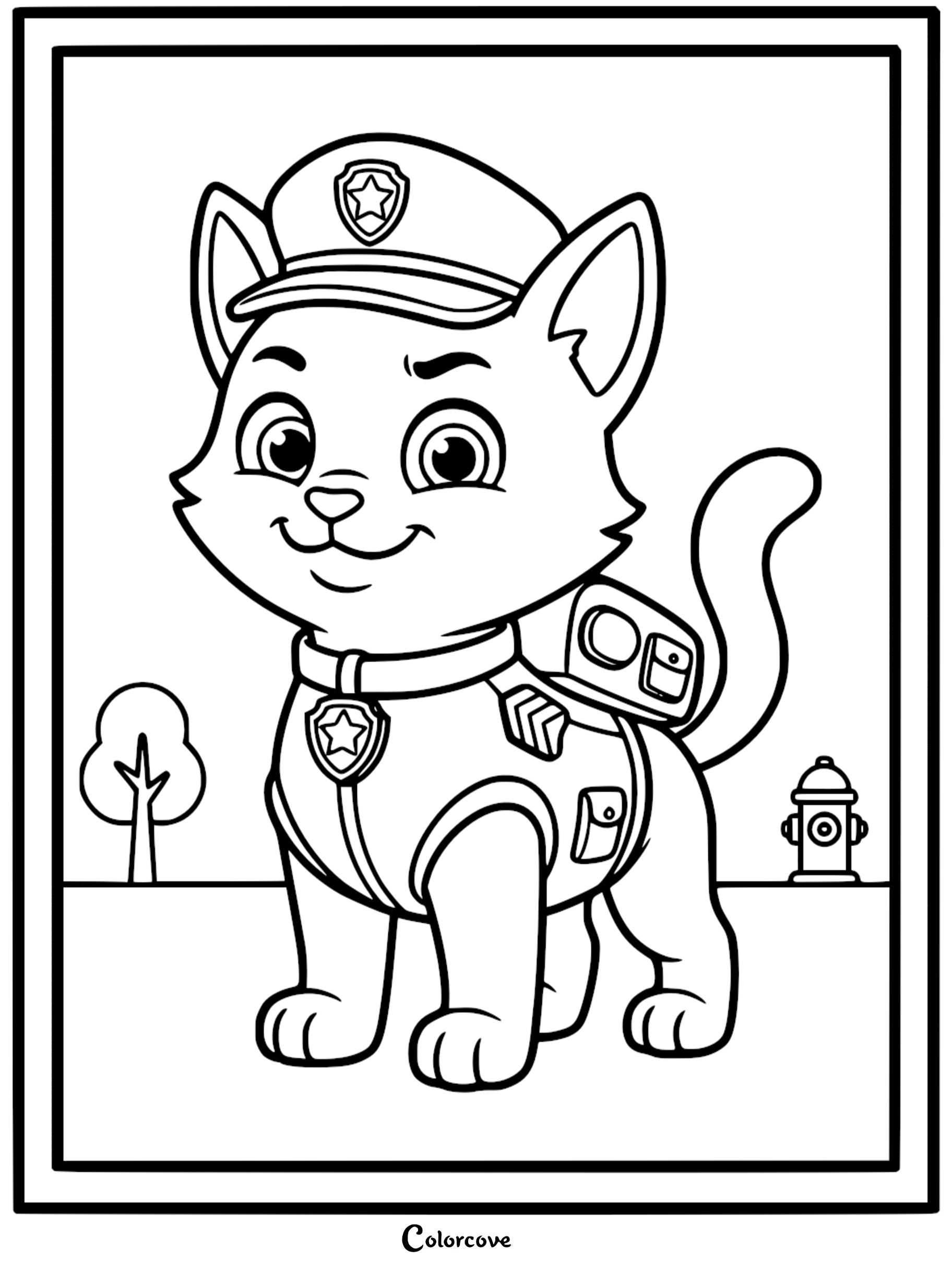 A detailed line art coloring page of Cat Chase from Paw Patrol wearing a police uniform, hat, and pup pack.