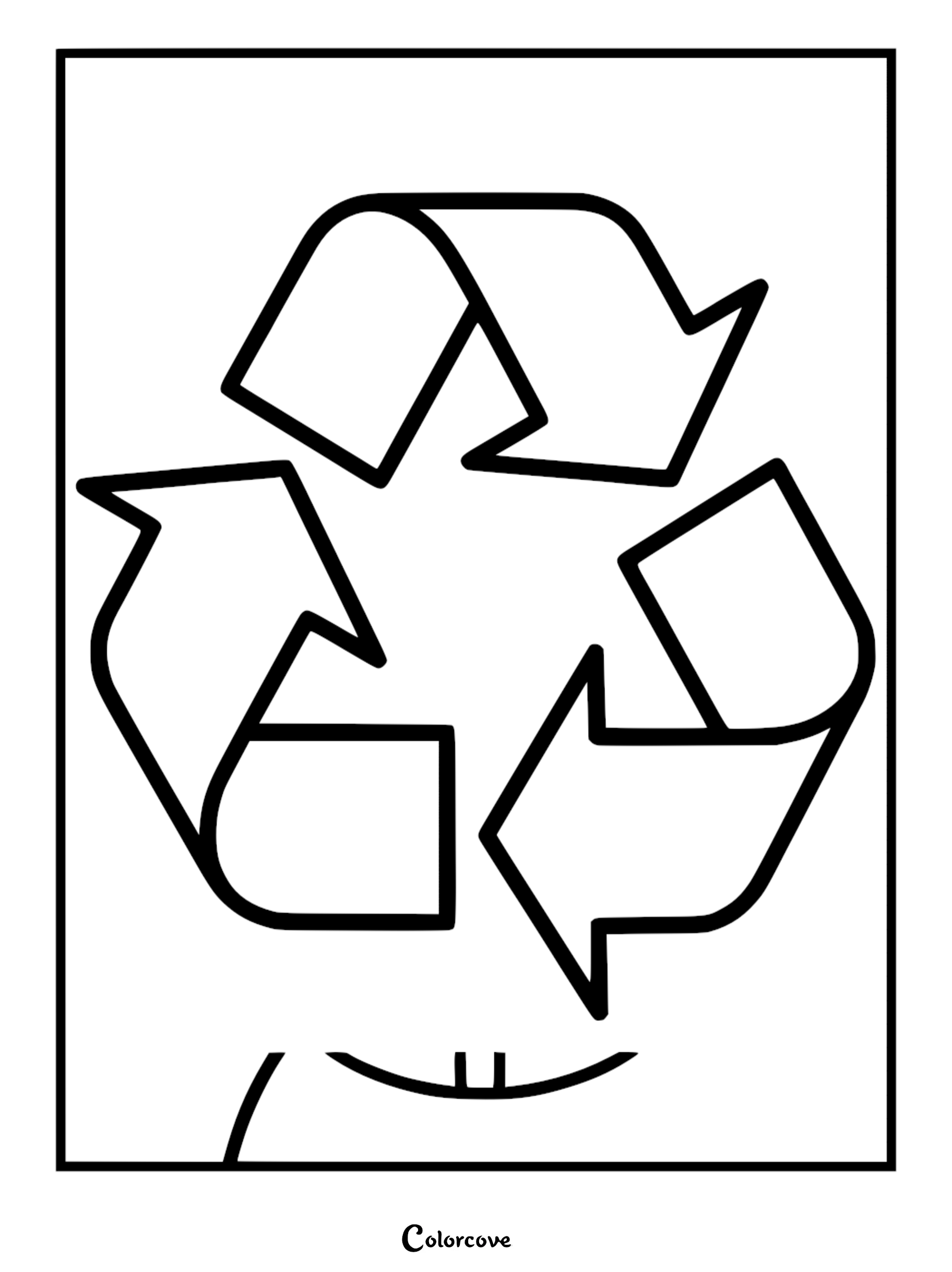 A large black and white recycling symbol coloring page featuring the three chasing arrows with Rocky's smiling mouth visible at the bottom.