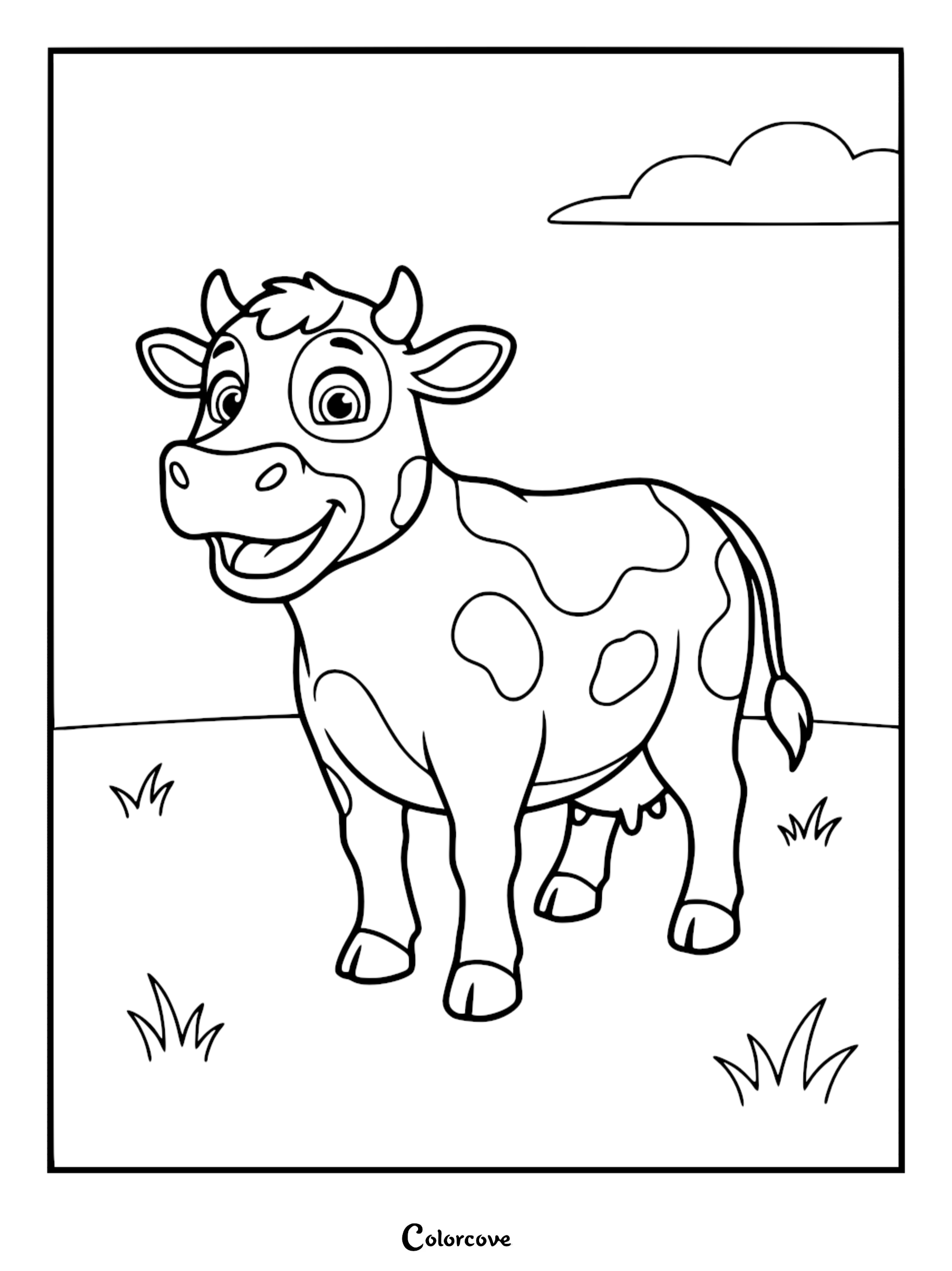 Bettina the cow from Paw Patrol standing in a grassy field with a cloud, line art coloring page.