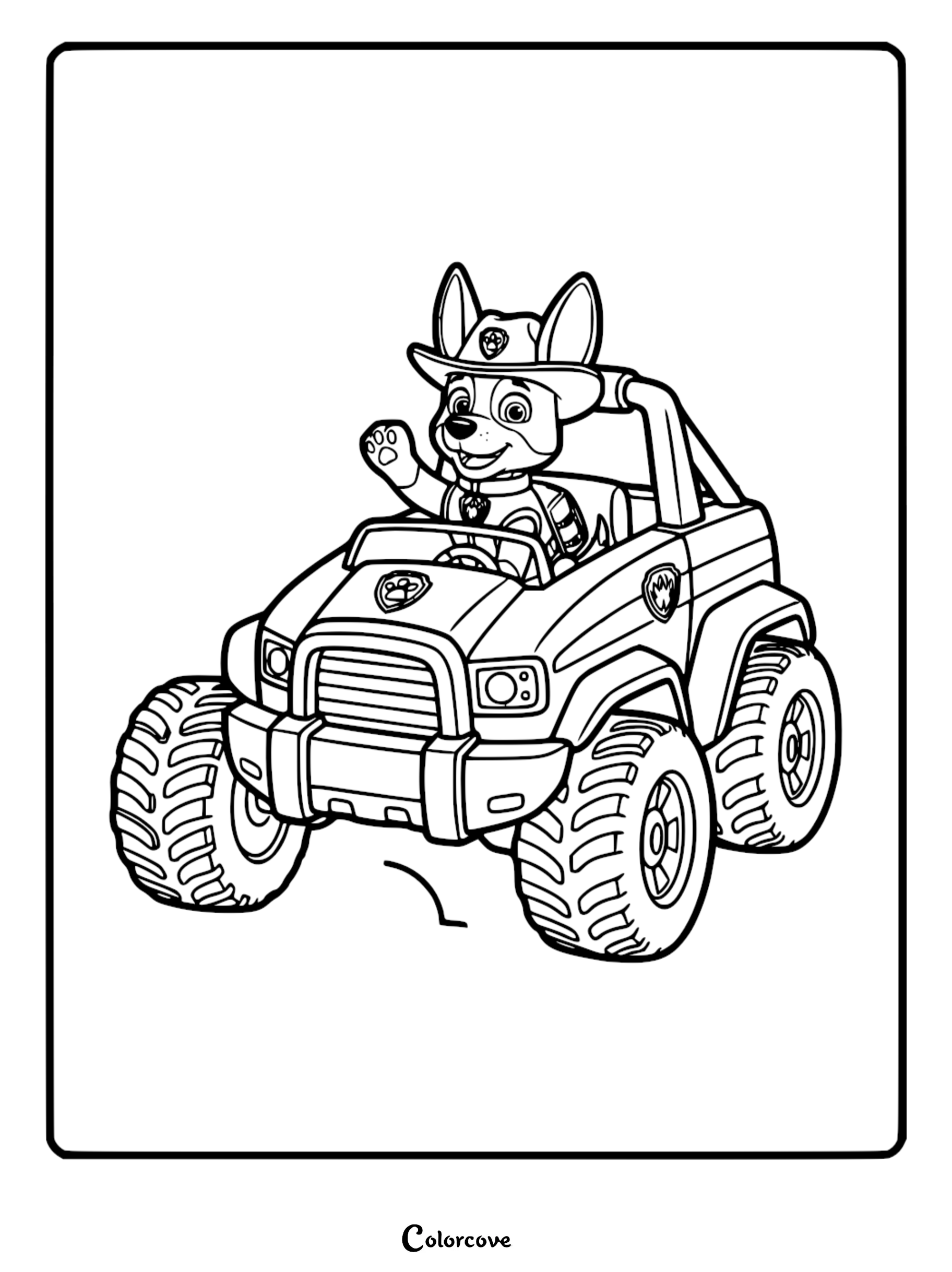 Line art coloring page of Tracker from Paw Patrol waving from his jungle cruiser vehicle with large off-road tires.