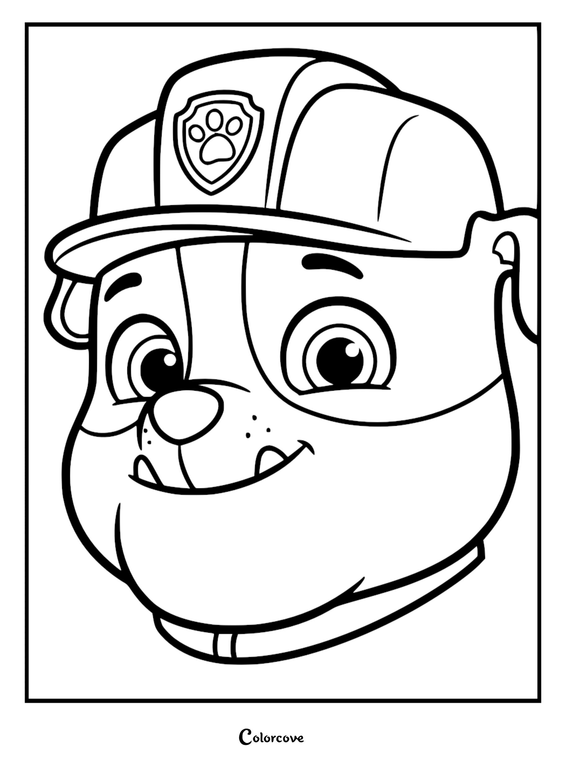 A close-up line art coloring page of Marshall from Paw Patrol wearing his signature firefighter helmet with a paw print badge.
