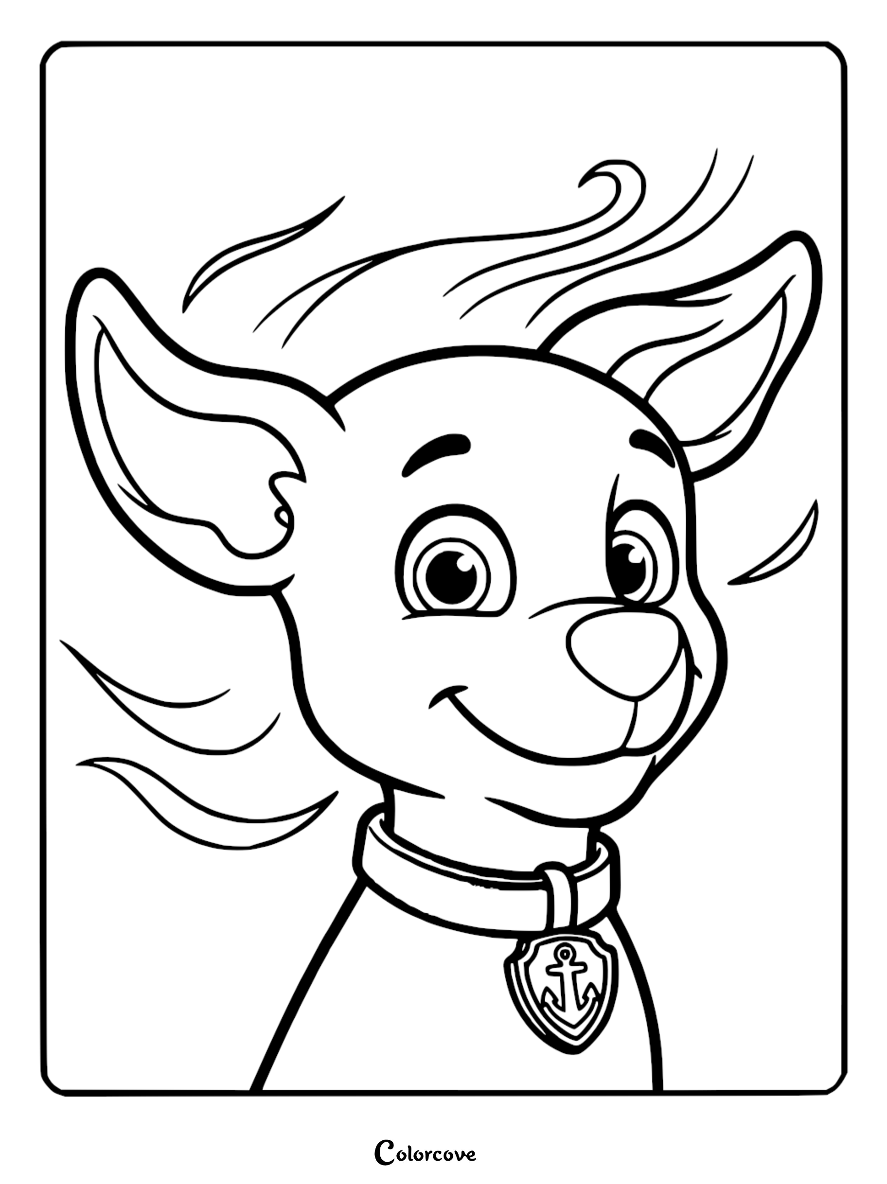 Detailed line art coloring page of Zuma from Paw Patrol showing his anchor pup tag, large ears, and swirling wind.