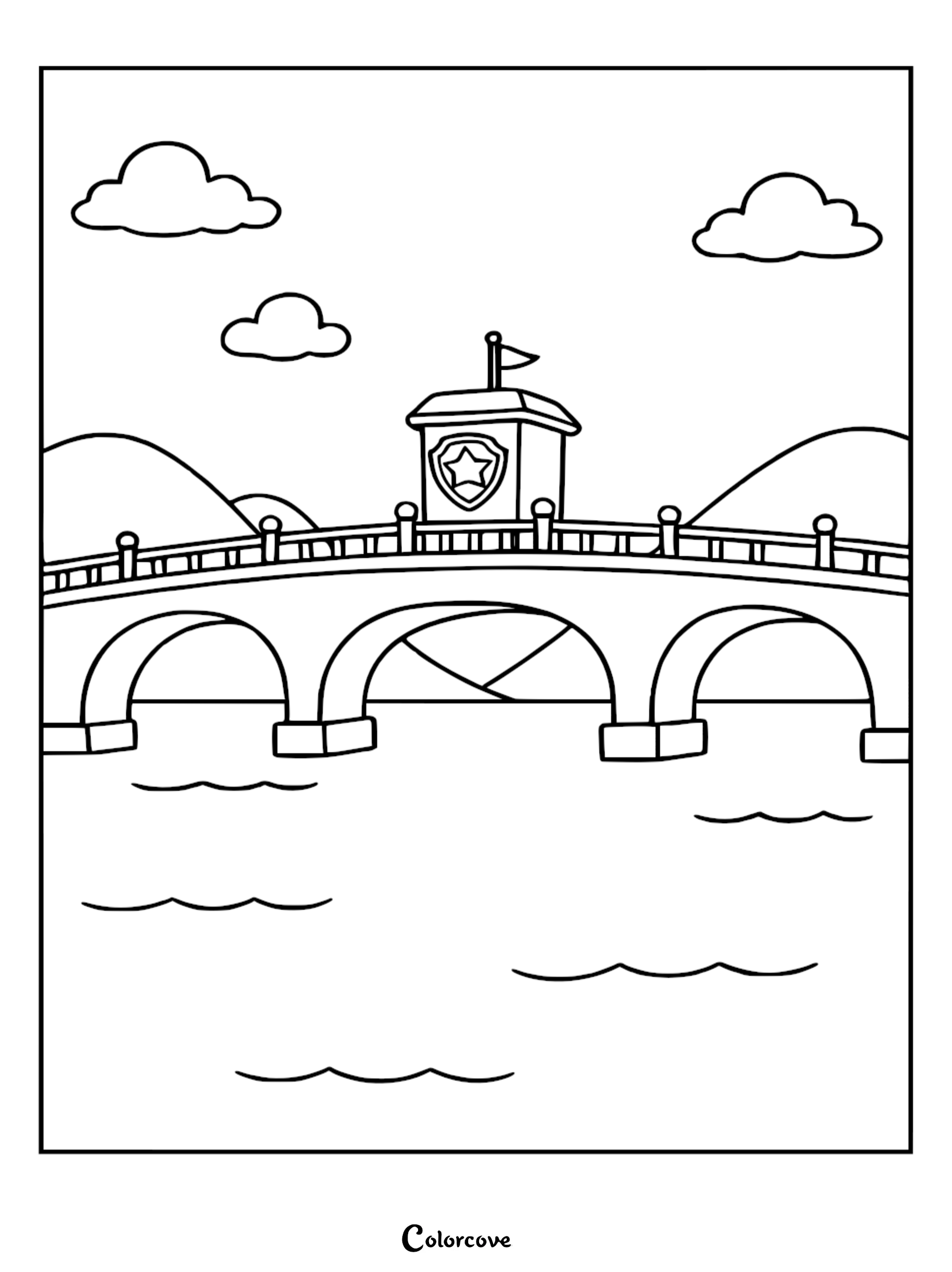 A detailed line art coloring page of the Adventure Bay bridge from Paw Patrol featuring a central tower with the shield logo, arched supports over wavy water, and rolling hills under a cloudy sky.