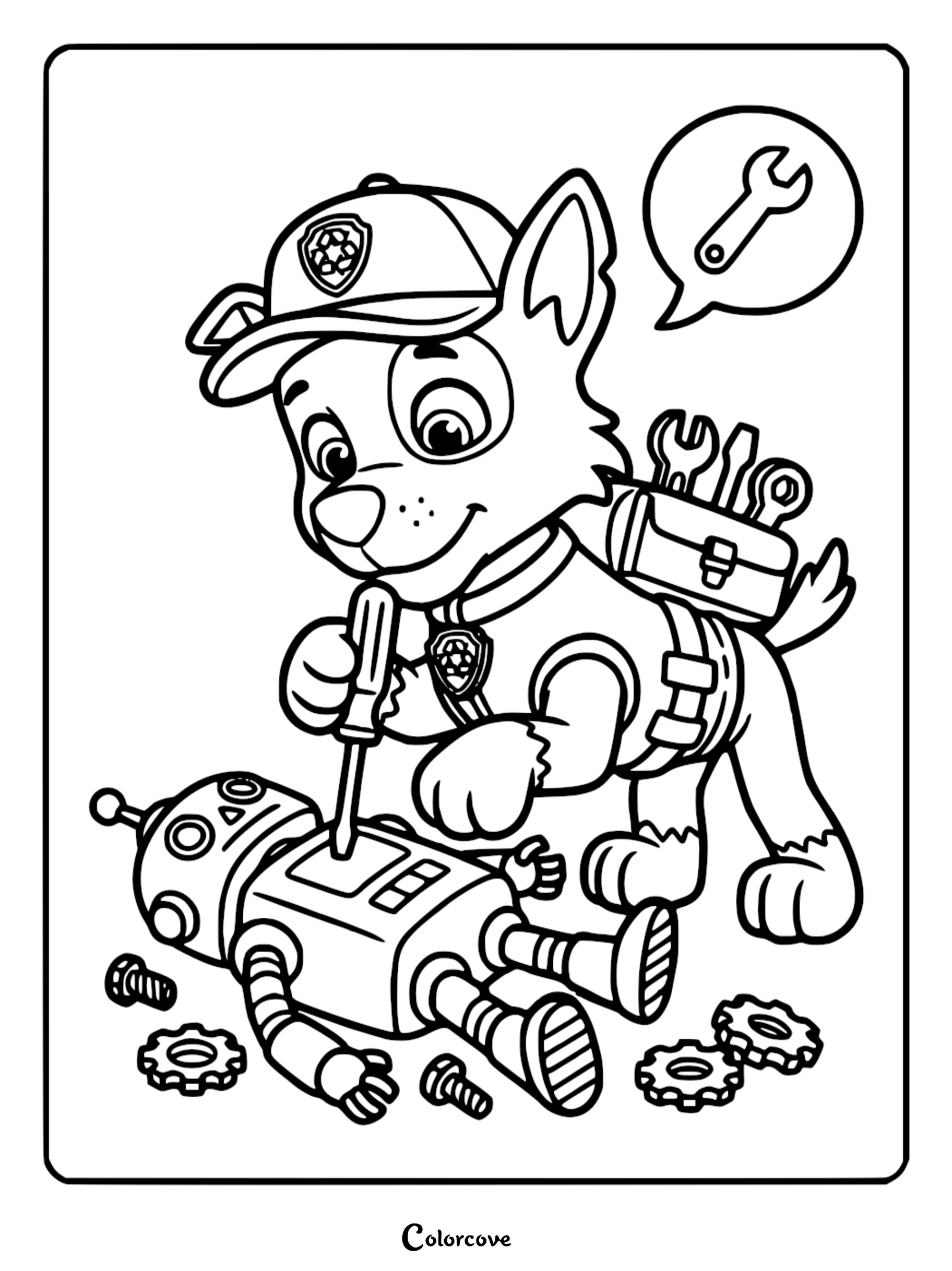 Detailed line art coloring page of Rocky from Paw Patrol using a screwdriver to repair a robot with gears and screws.
