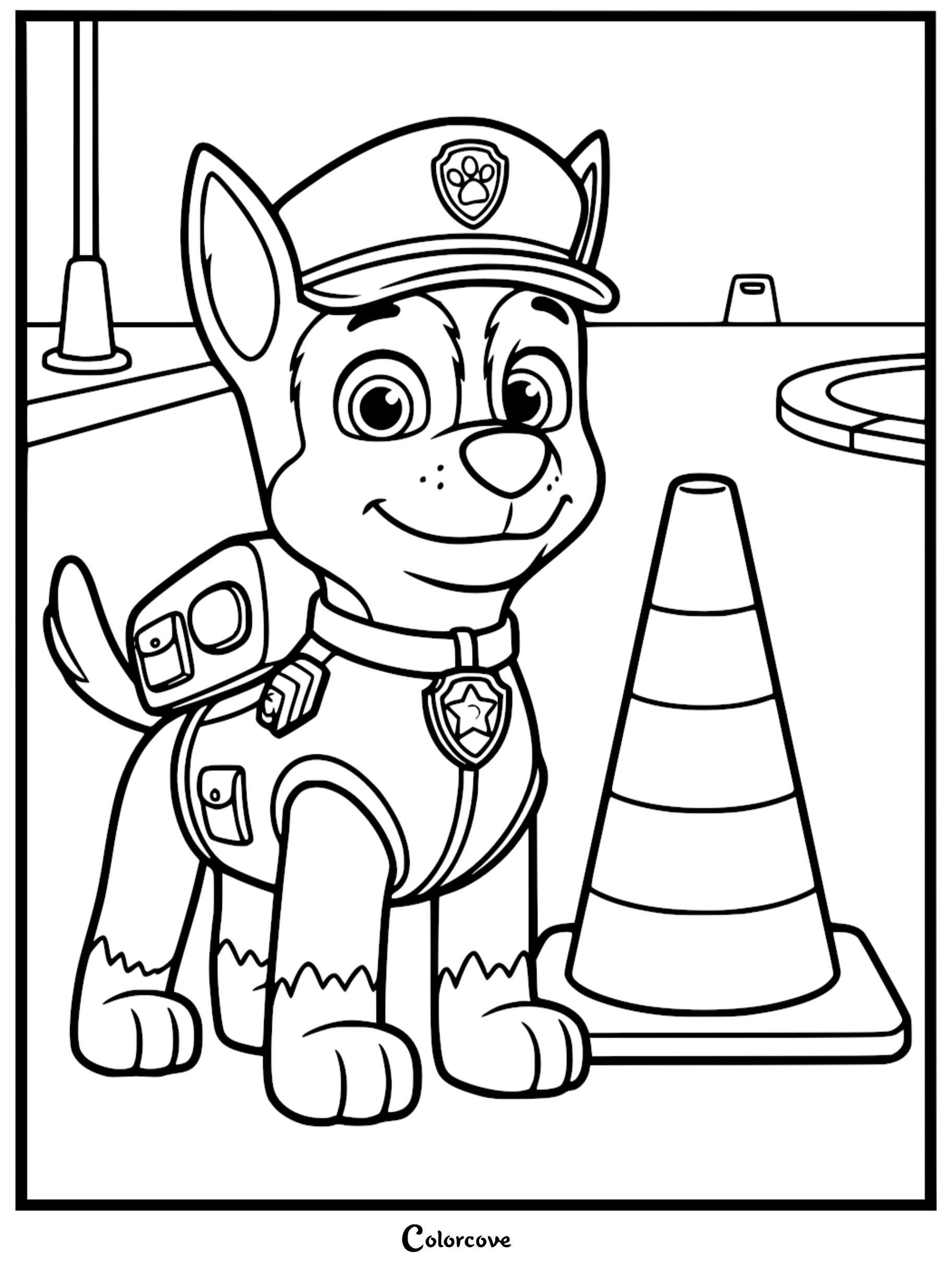A detailed line art coloring page of Chase from Paw Patrol wearing his police uniform and hat, standing beside a large striped traffic cone on a sidewalk.
