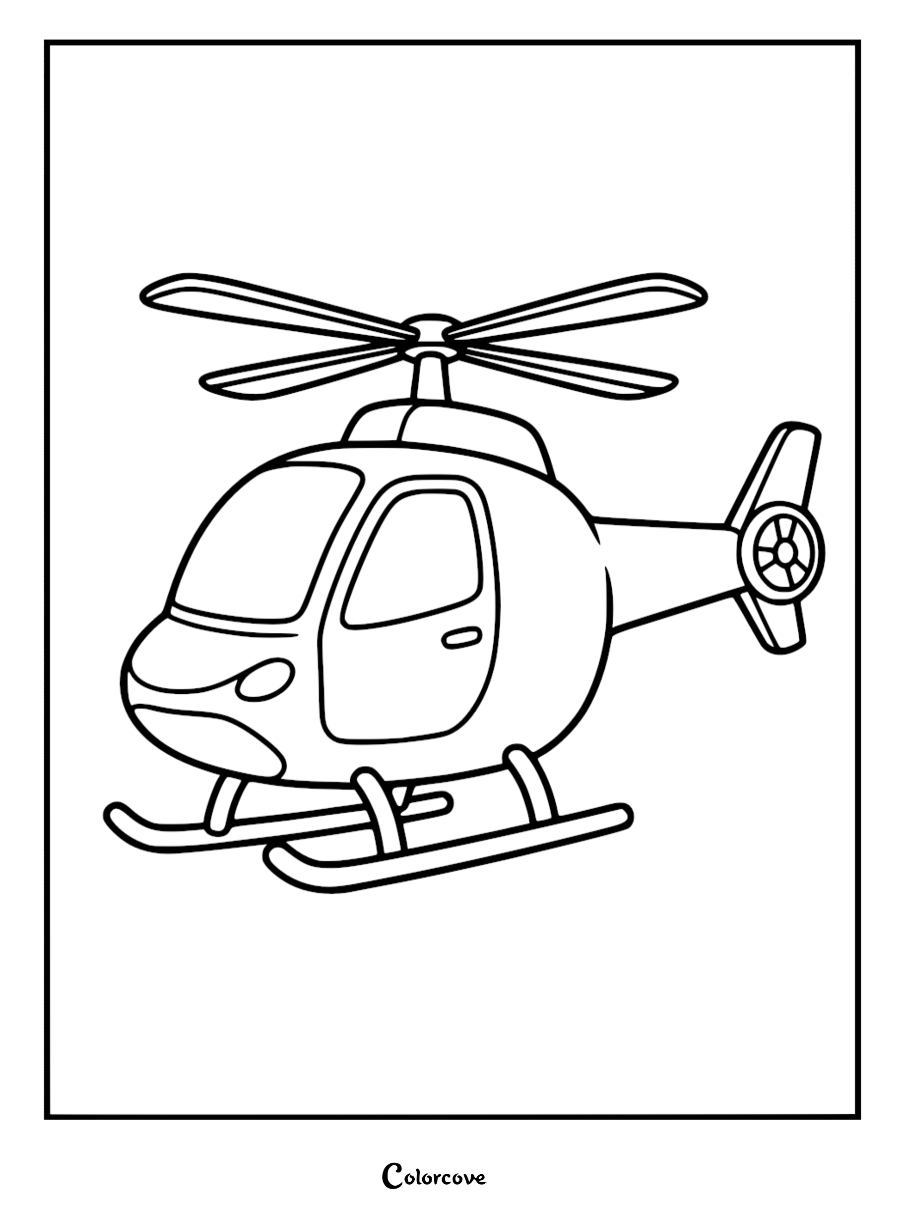 A detailed line art coloring page of Skye's Paw Patrol helicopter featuring four rotor blades, landing skids, and a tail propeller.
