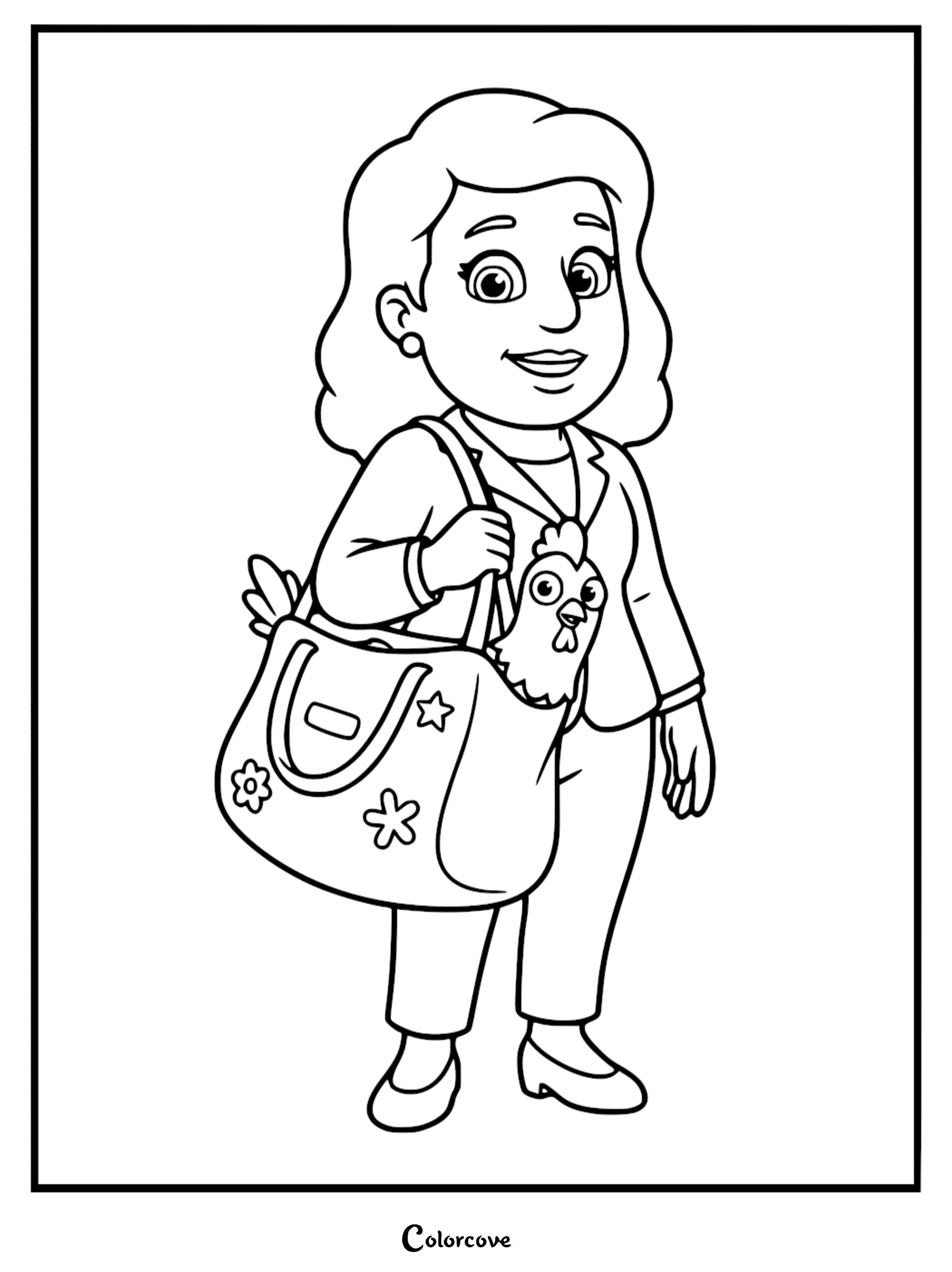 A detailed line art coloring page of Mayor Goodway from Paw Patrol carrying Chickaletta in her flower-patterned purse.