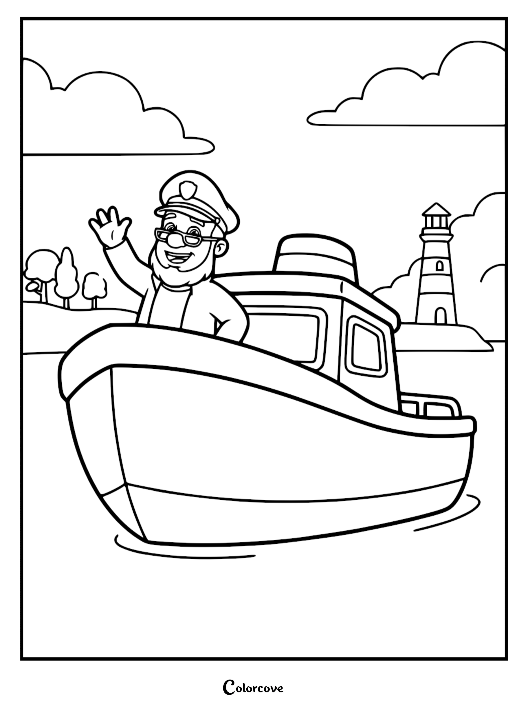 Line art coloring page of Cap'n Turbot waving from his boat, The Flounder, featuring a lighthouse, clouds, and trees in the background.