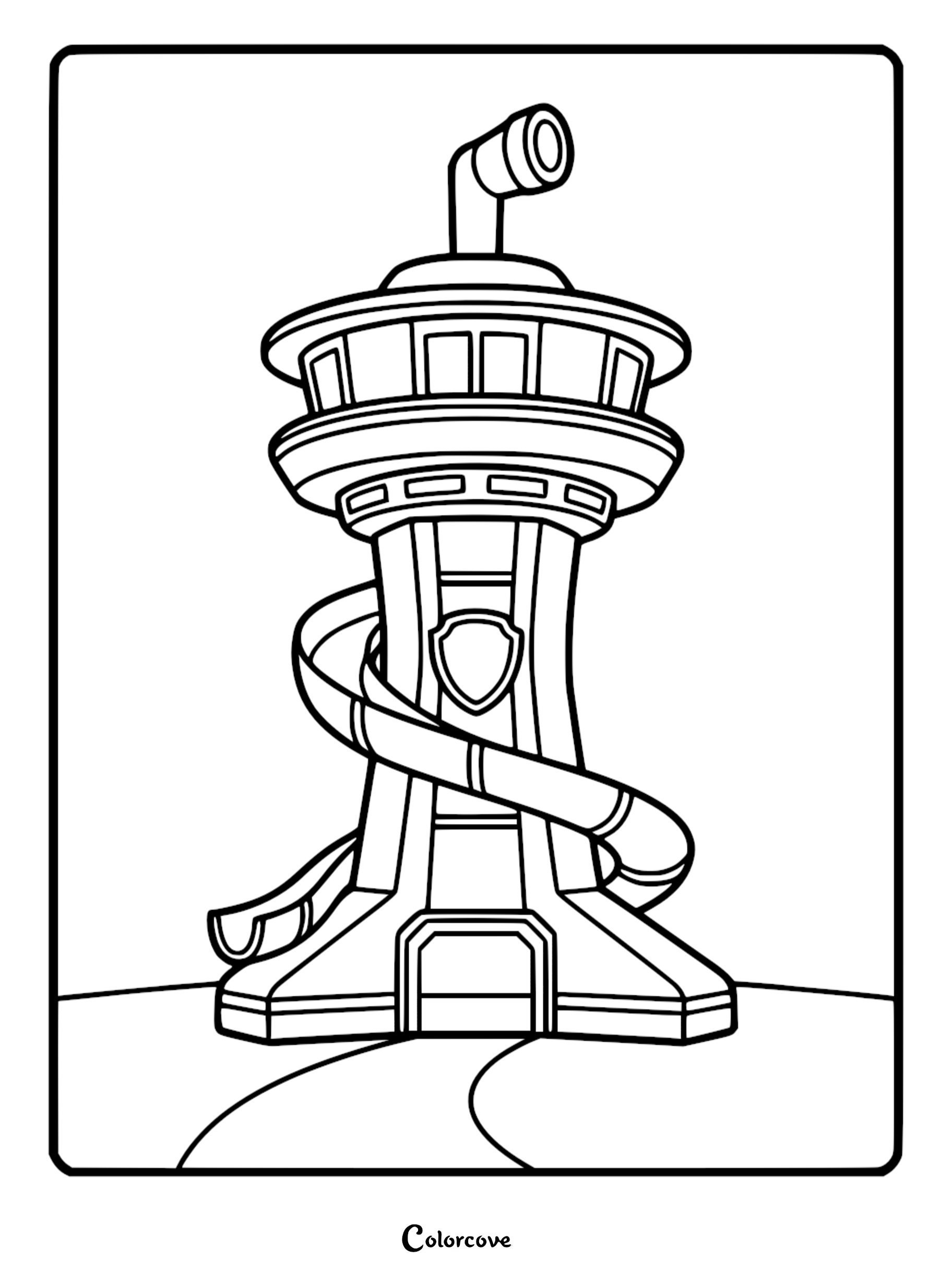 A detailed line art coloring page of the Paw Patrol Lookout Tower featuring the periscope, observation deck, and spiral slide.