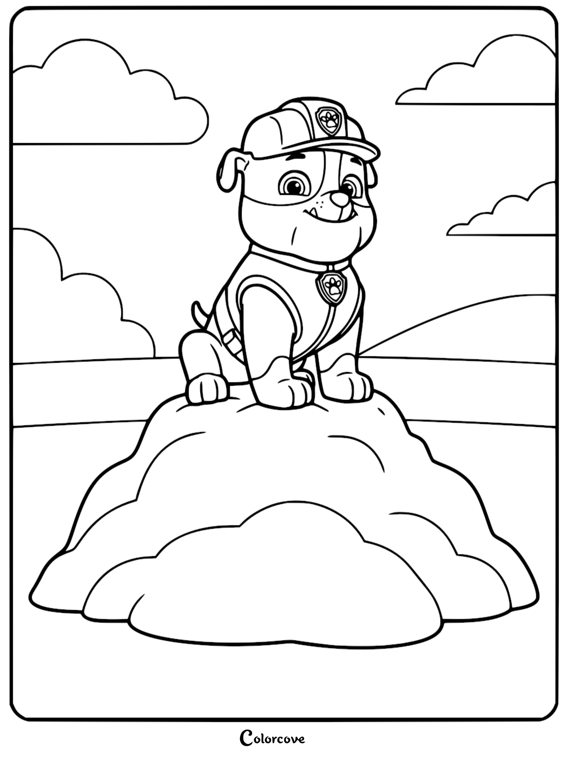 A black and white coloring page of Rubble from Paw Patrol wearing his construction hat and vest while sitting on a large mound of dirt under a cloudy sky.