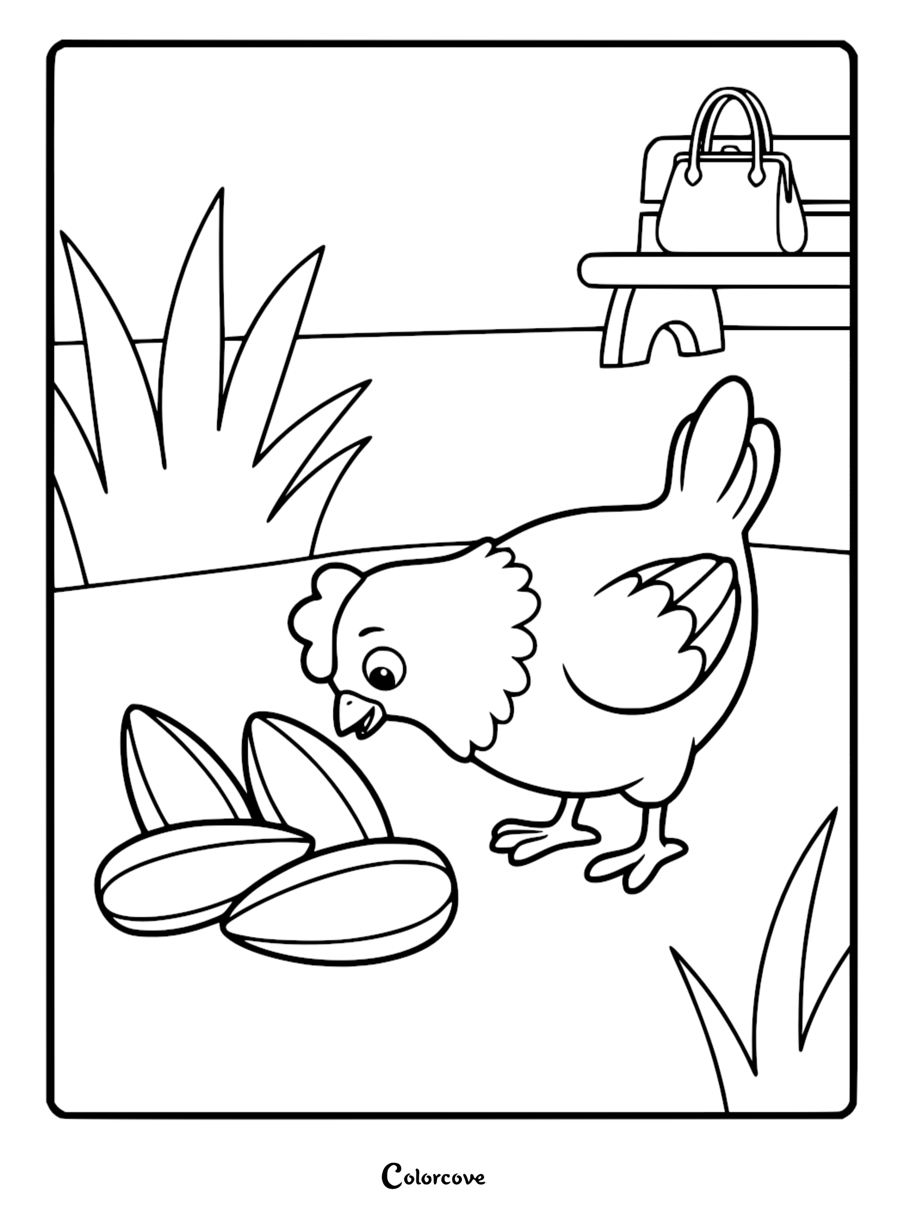 A detailed line art coloring page of Chickaletta from Paw Patrol standing in a park next to large seeds with Mayor Goodway's purse on a bench in the background.