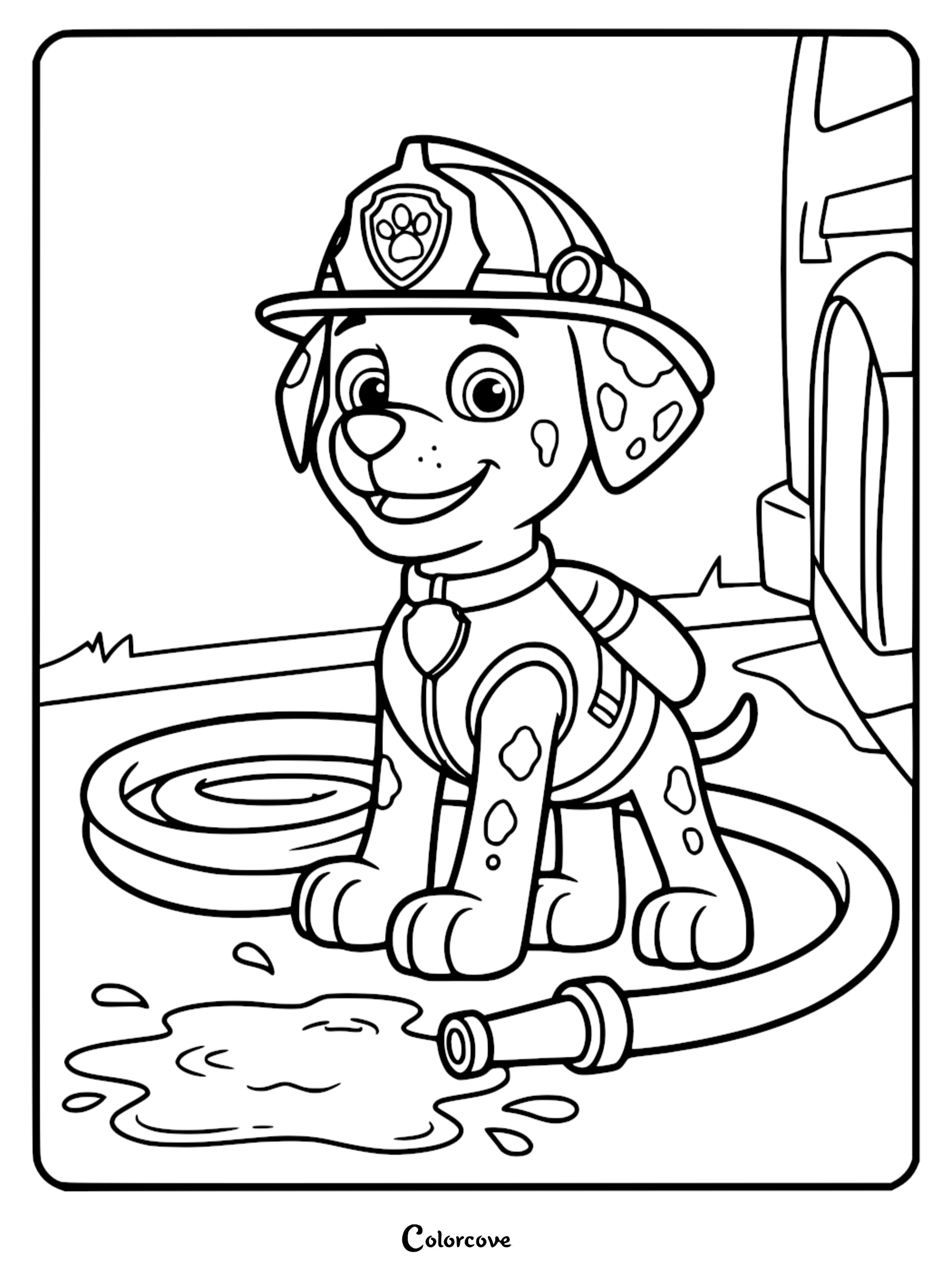 Black and white line art coloring page of Marshall the Dalmatian from Paw Patrol wearing a fire helmet and vest, sitting next to a coiled hose and puddle.
