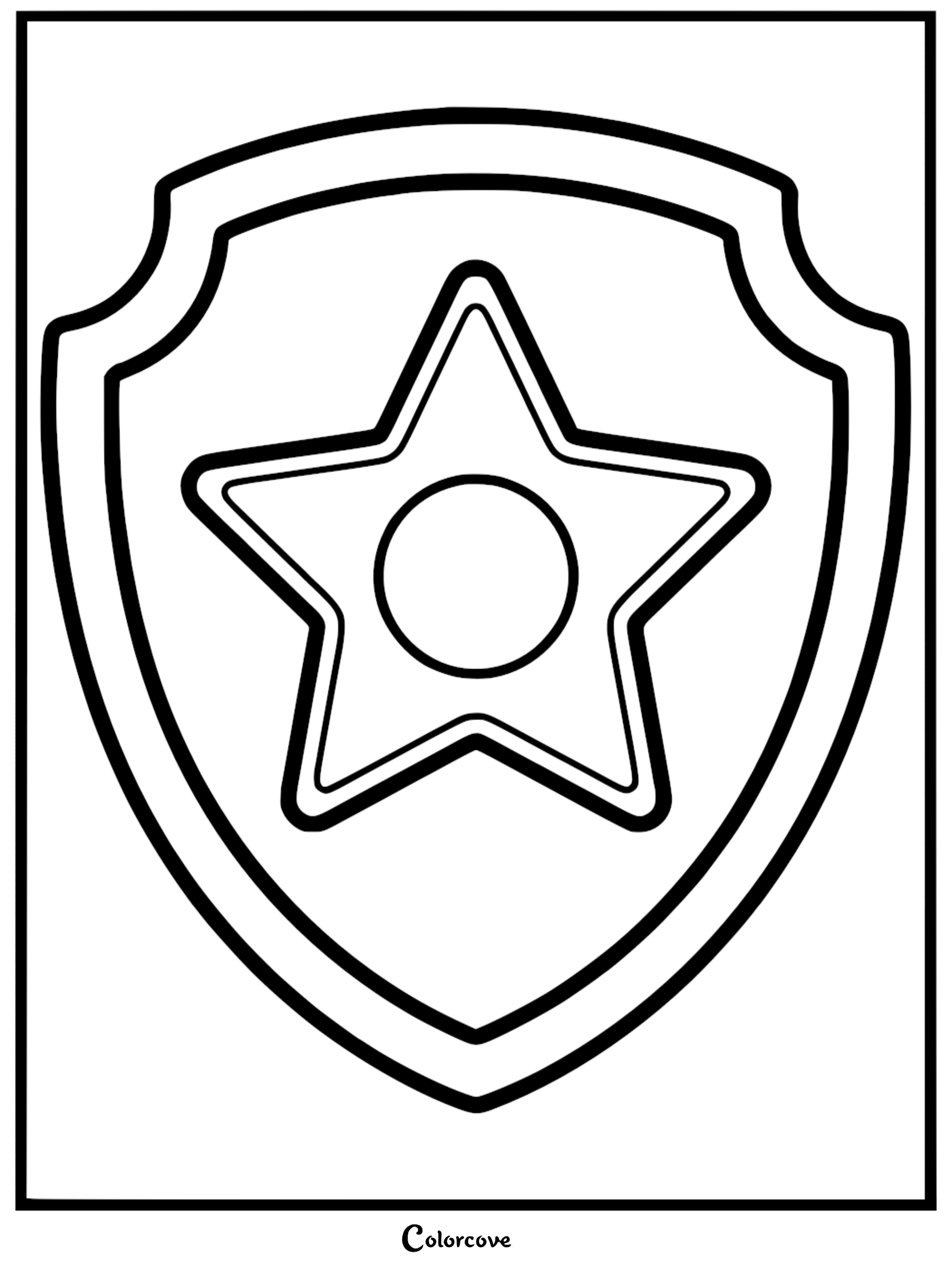 A simple line art coloring page of Chase's police badge from Paw Patrol featuring a shield with a star and central circle.