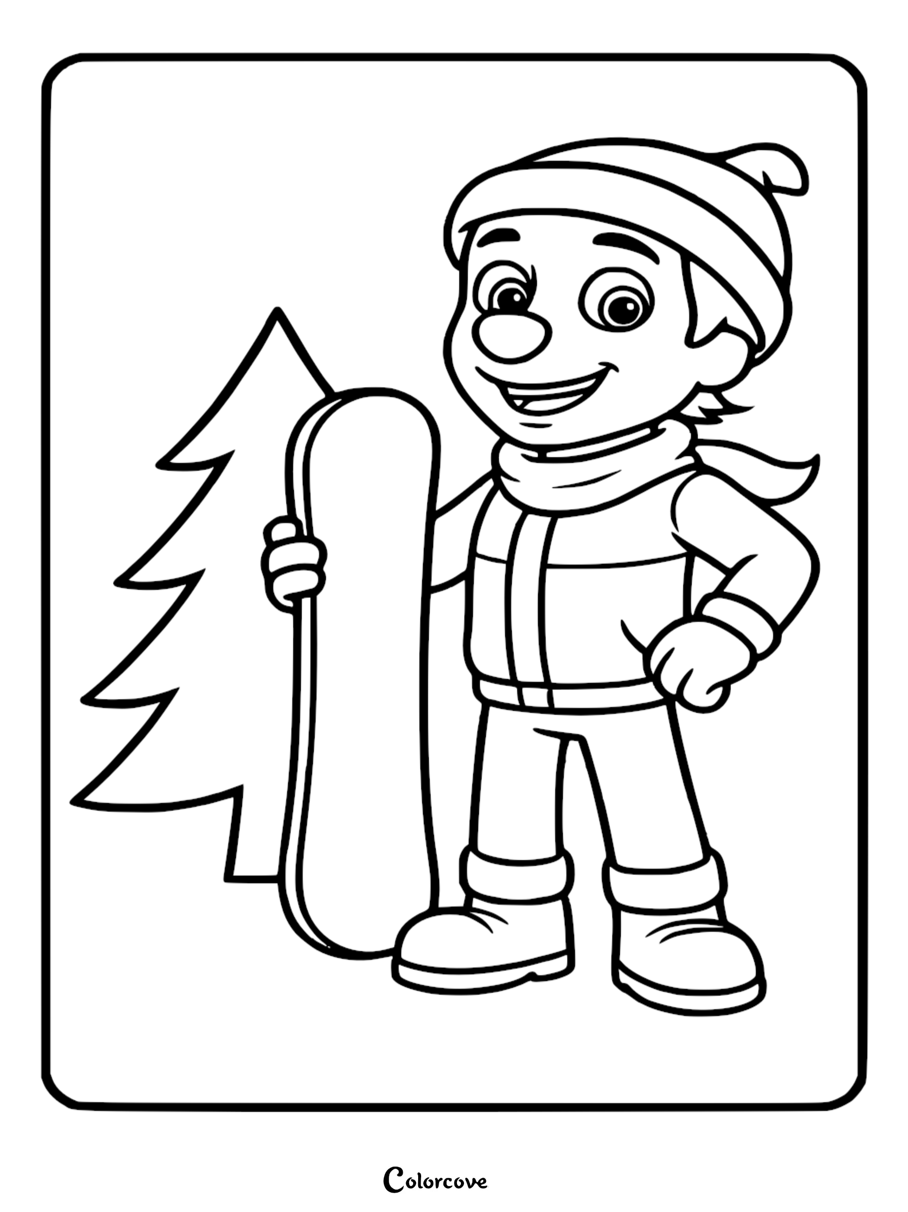 Detailed line art coloring page of Jake from Paw Patrol wearing a winter hat, scarf, and jacket while holding a vertical snowboard next to a pine tree.