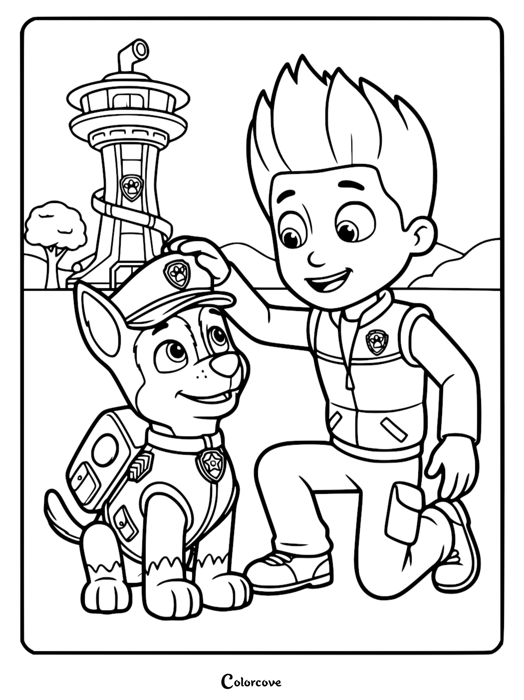 Line art coloring page of Ryder kneeling and petting Chase the German Shepherd police dog wearing his hat and pup pack, with the Paw Patrol Lookout Tower and rolling hills in the background.
