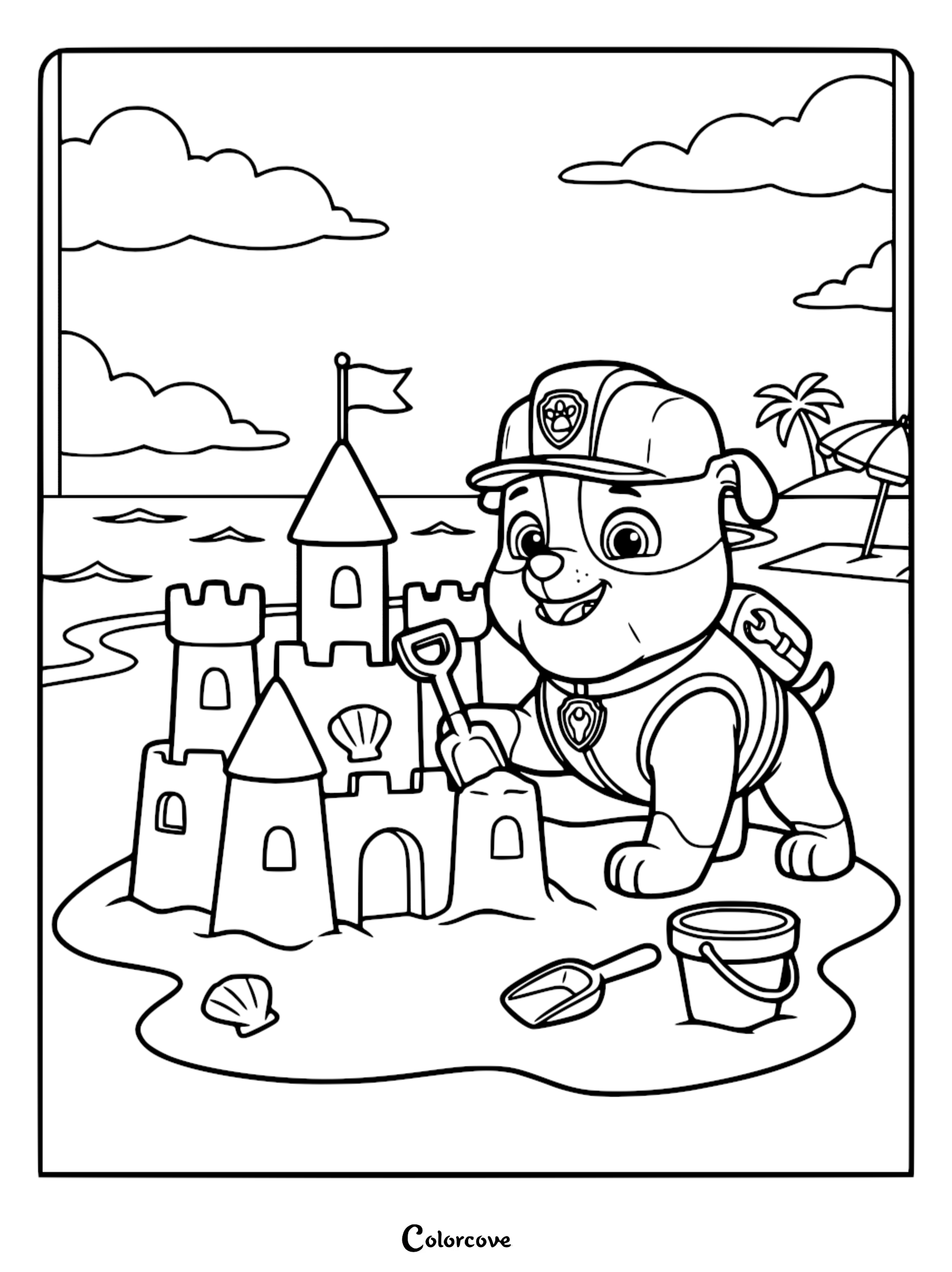 Paw Patrol coloring page featuring Rubble building a sandcastle with towers, a flag, and a shovel on a beach.