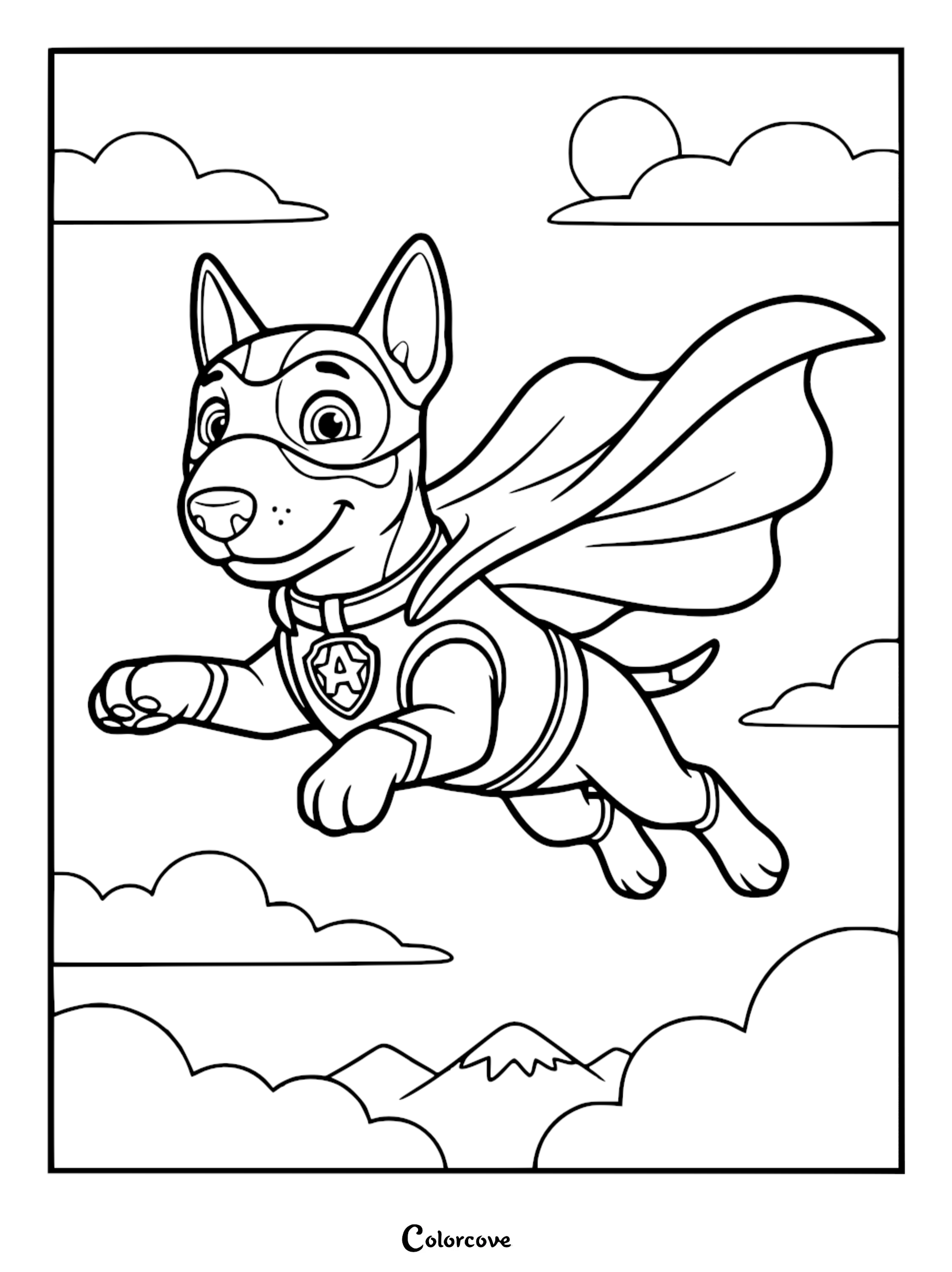 Chase from Paw Patrol as a Mighty Pup coloring page showing him flying in a superhero costume with a cape and mask over mountains.
