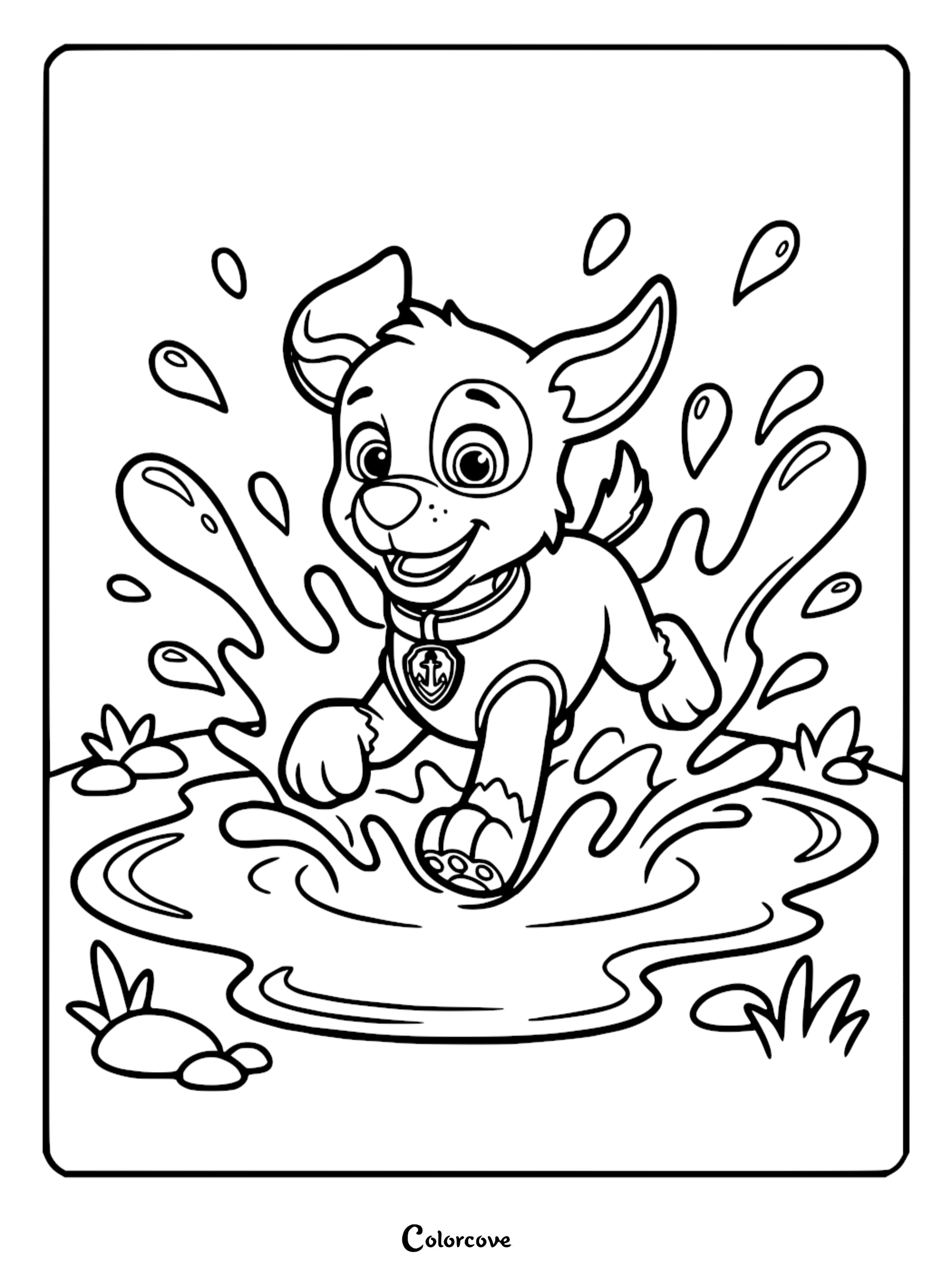 Line art coloring page of Zuma from Paw Patrol jumping into a water puddle with large splashes and droplets flying.