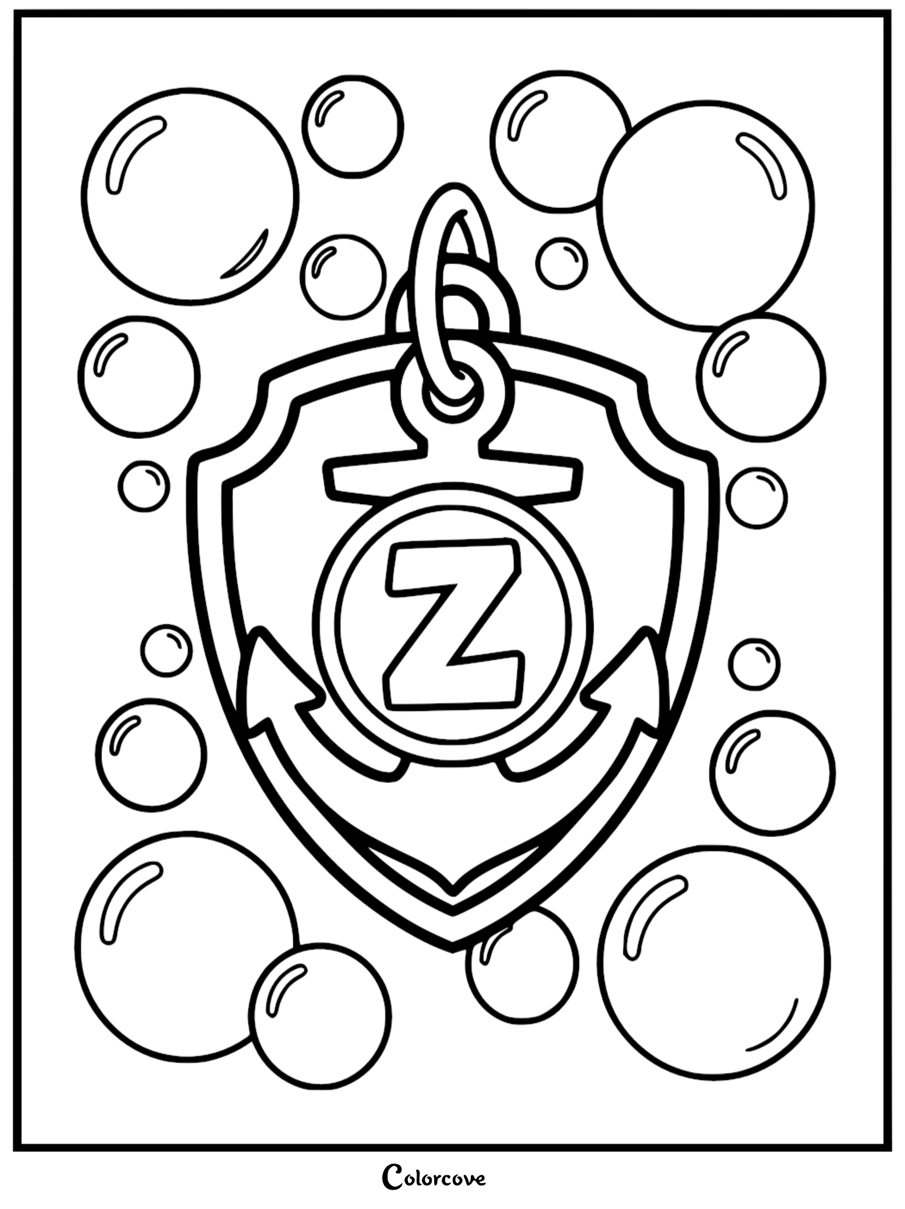 Zuma's Paw Patrol badge coloring page featuring a shield with an anchor, the letter Z, and surrounding bubbles.