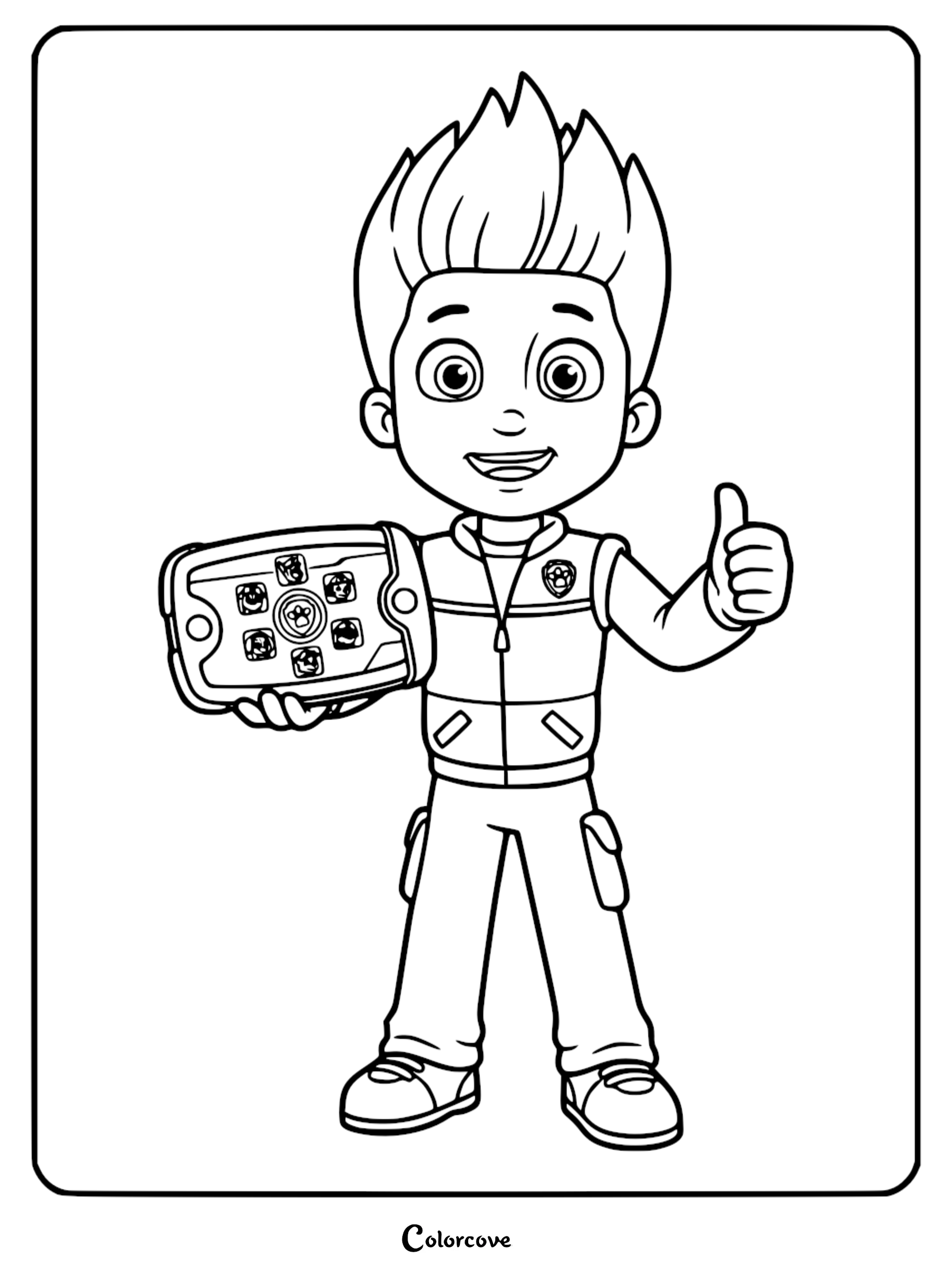 Ryder from Paw Patrol holding his Pup Pad and giving a thumbs up in a detailed line art coloring page.