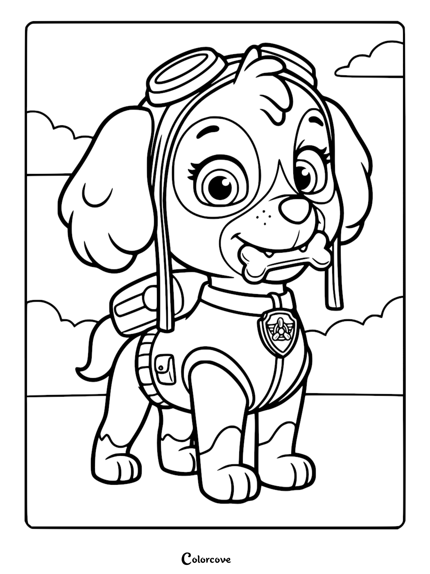 A detailed line art coloring page of Skye from Paw Patrol wearing her pilot goggles and vest while holding a dog bone in her mouth against a cloudy sky background.