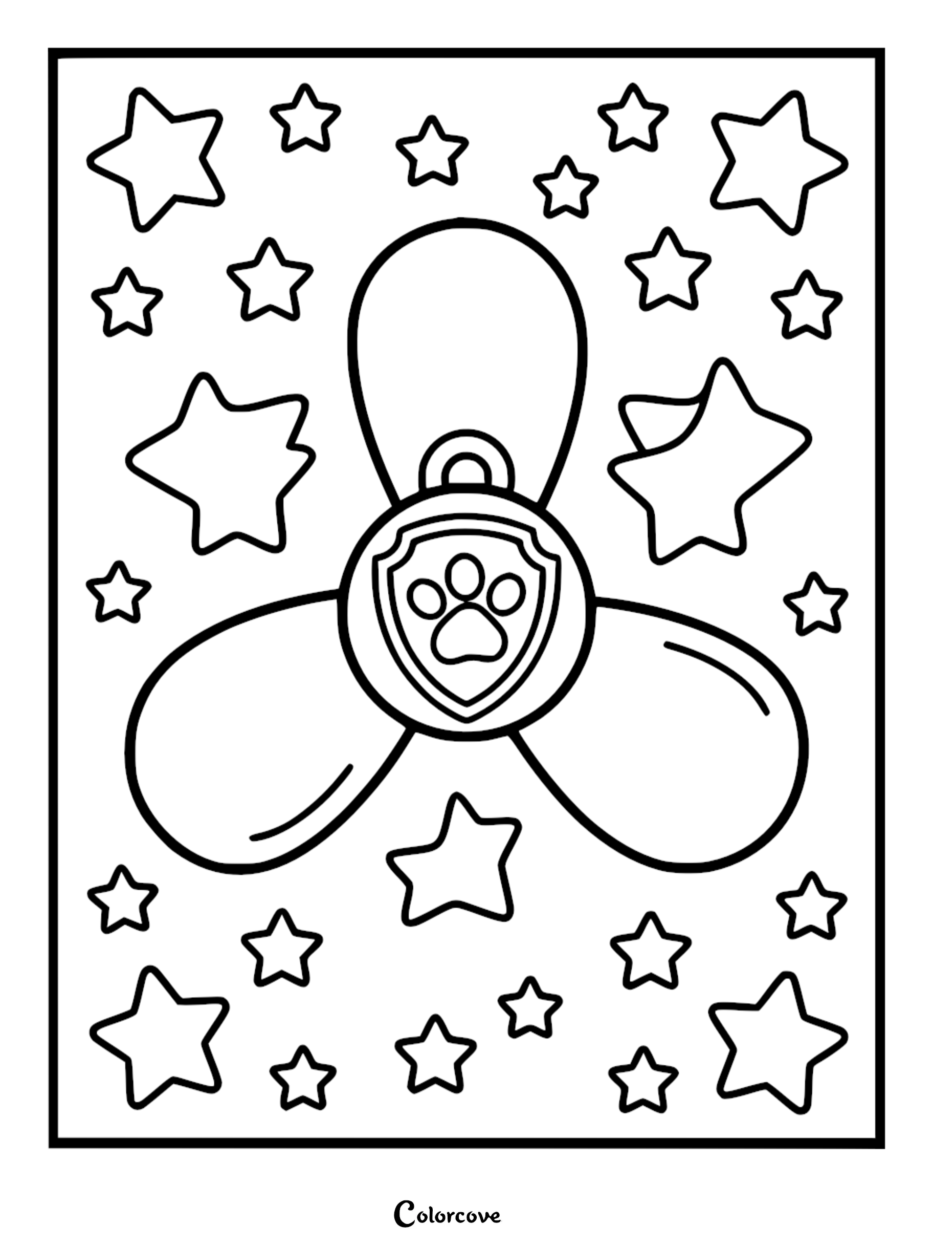 A Paw Patrol emblem coloring page featuring a central shield with a paw print, three large propeller blades, and a background filled with various sized stars.