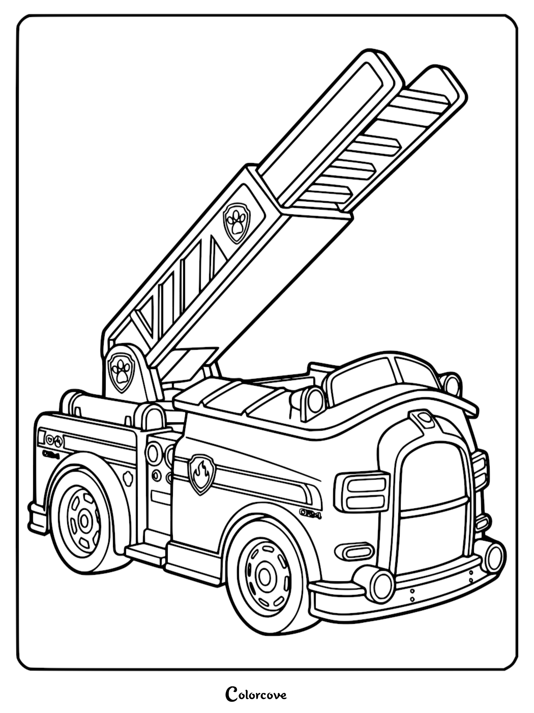 Line art coloring page of Marshall's Paw Patrol fire truck with an extended ladder and flame shield insignia.