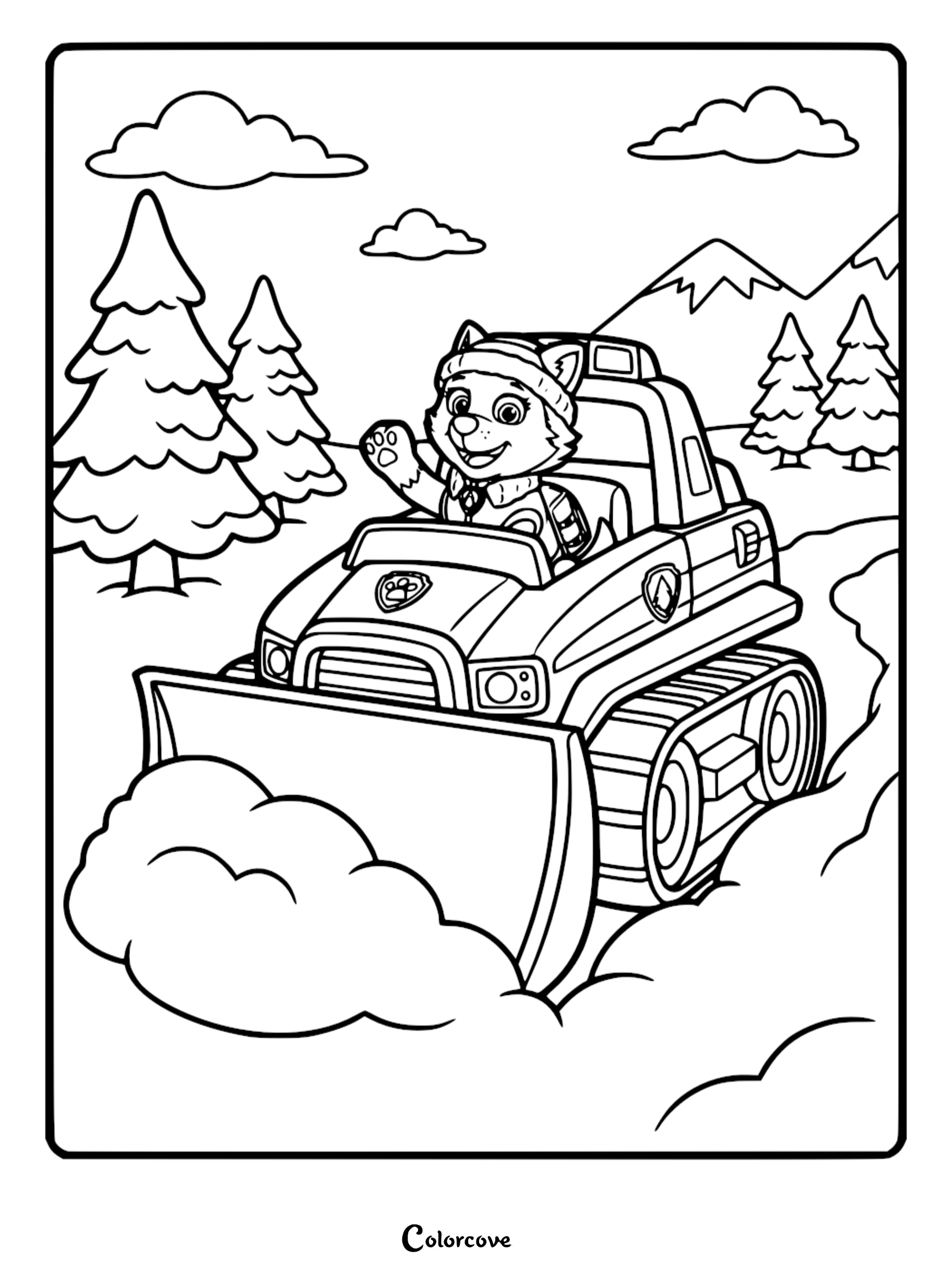 A detailed Paw Patrol coloring page featuring Everest the husky pup driving her snowplow vehicle through a snowy mountain landscape with pine trees and clouds.
