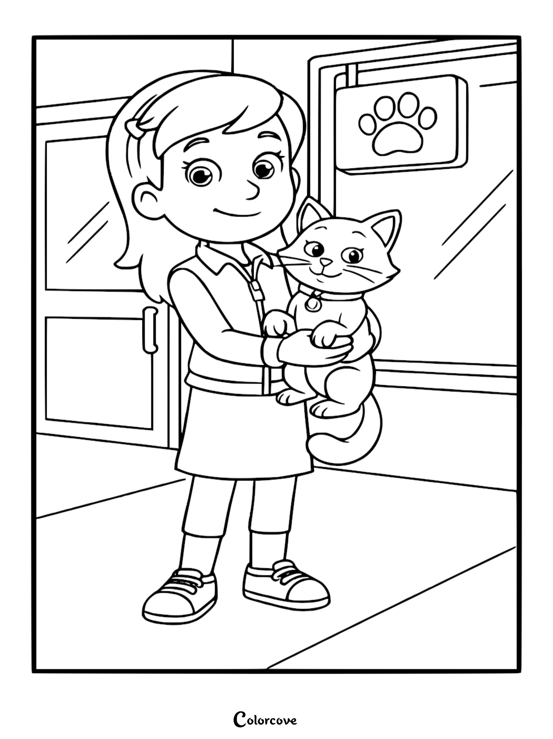 Paw Patrol coloring page of Katie holding Cali the cat in front of her pet parlor shop with a paw print sign.