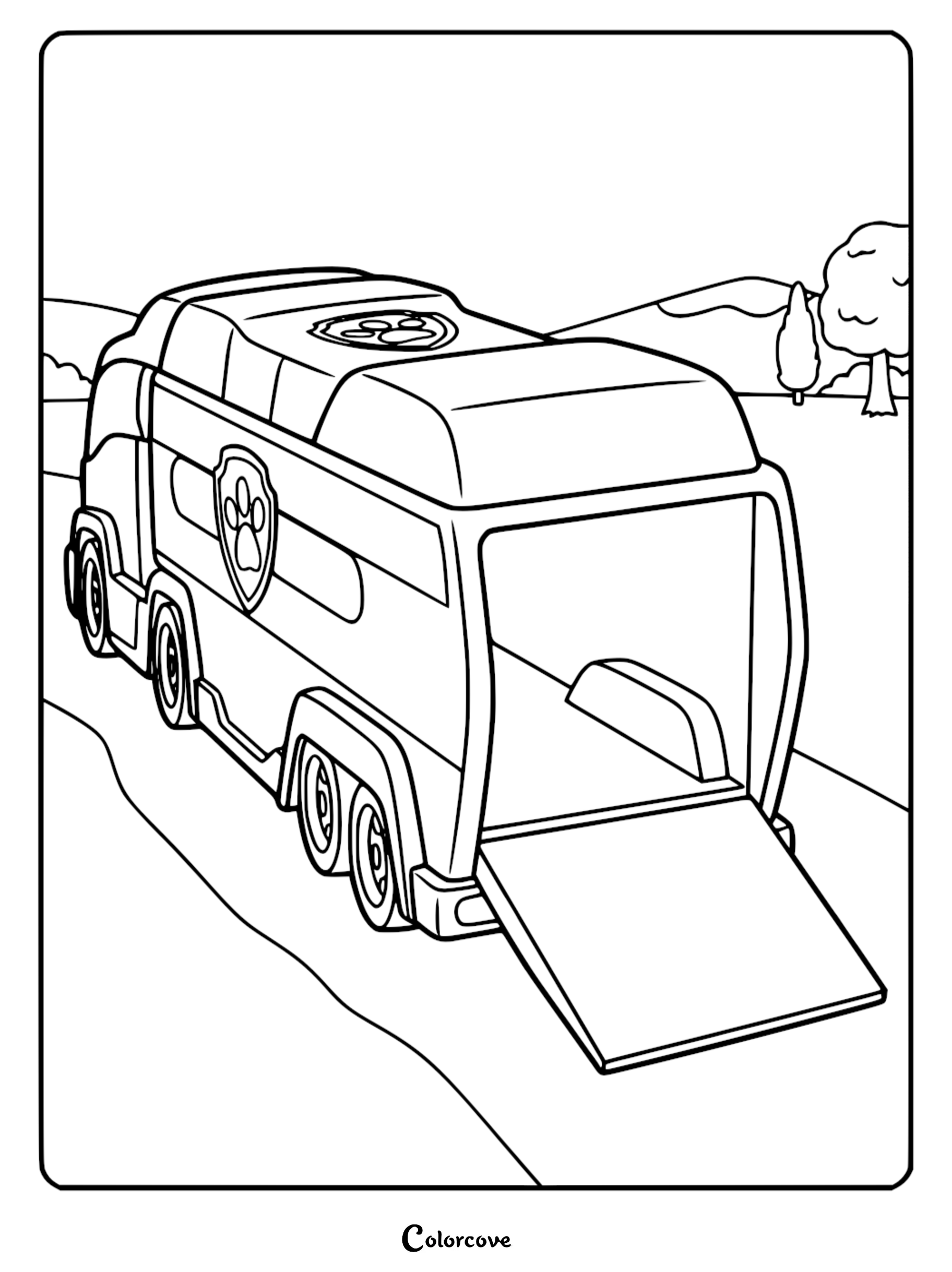 A detailed line art coloring page of the Paw Patroller truck with its rear ramp lowered, featuring the iconic paw print shield logo on the side and roof, parked on a road with hills and trees in the background.