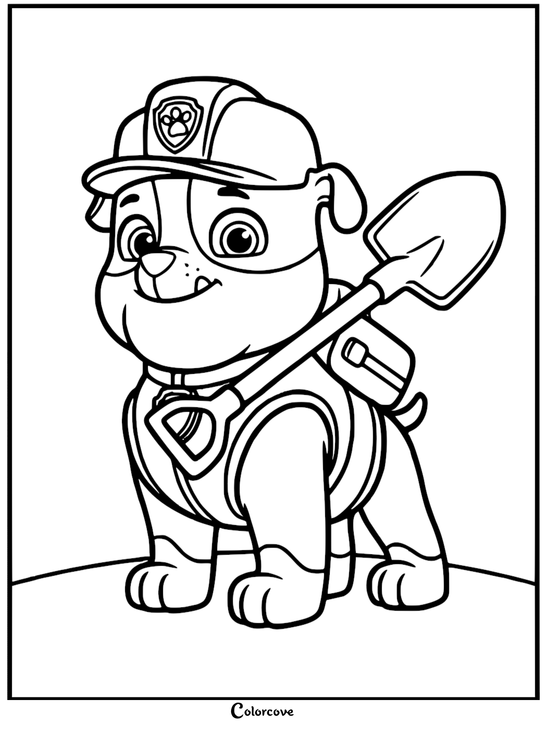 Detailed line art coloring page of Rubble from Paw Patrol wearing a construction helmet and carrying a shovel in his backpack.