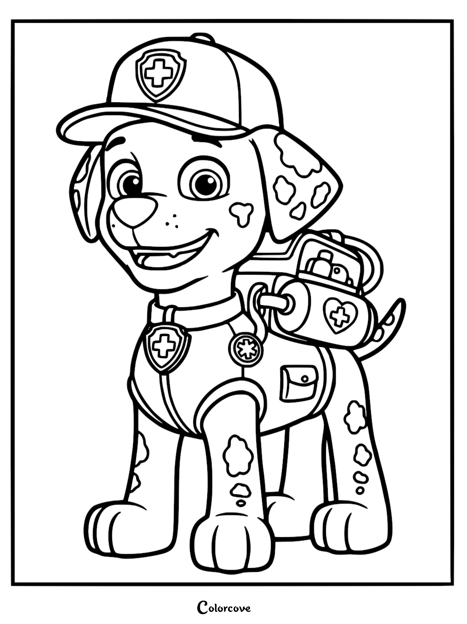 Black and white line art coloring page of Marshall from Paw Patrol wearing his paramedic hat and medical pup pack.