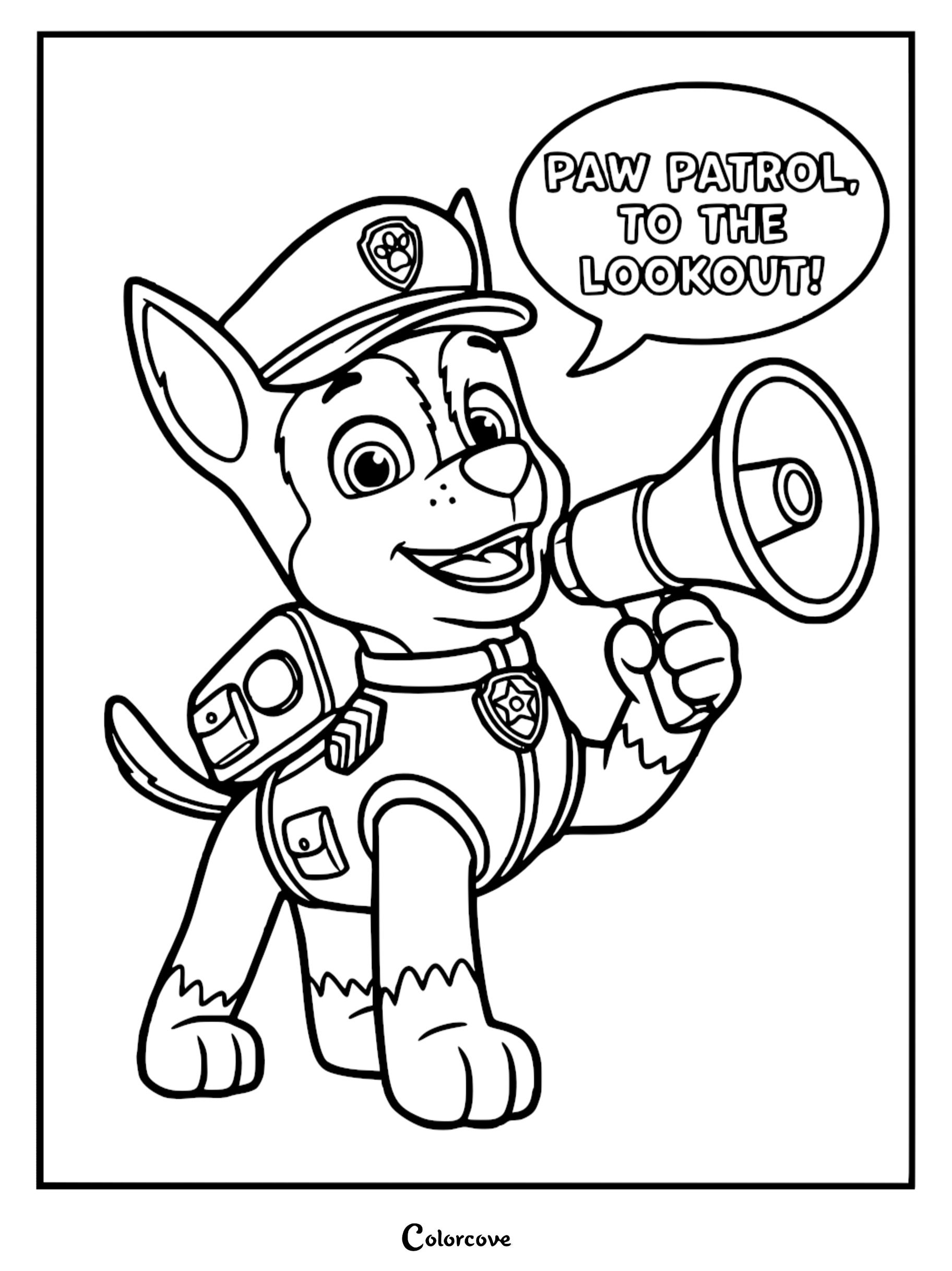 Chase the German Shepherd police pup wearing his uniform and hat, holding a megaphone with a speech bubble on a coloring page.